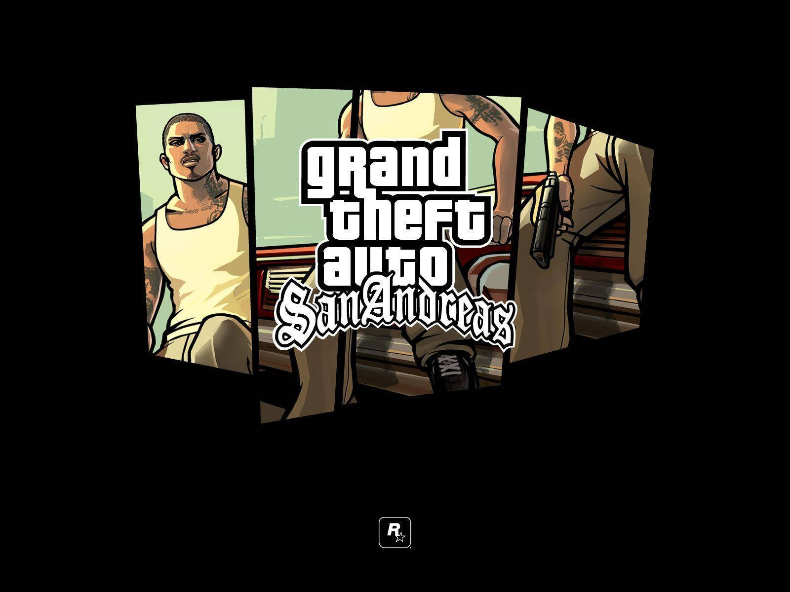 GTA 聖安地列斯 桌布 壁紙 — 《俠盜獵車手：聖安地列斯》標題畫面，帶有風格化角色面板和黑色背景上的粗體白色文字。