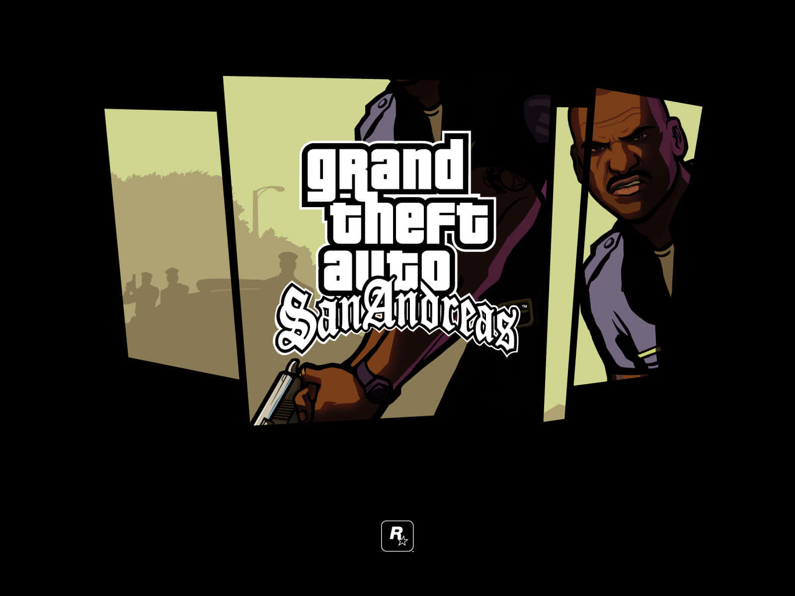 GTA 聖安地列斯 桌布 壁紙 — 《俠盜獵車手：聖安地列斯》標題畫面，以深色背景襯托風格化角色肖像和城市剪影。