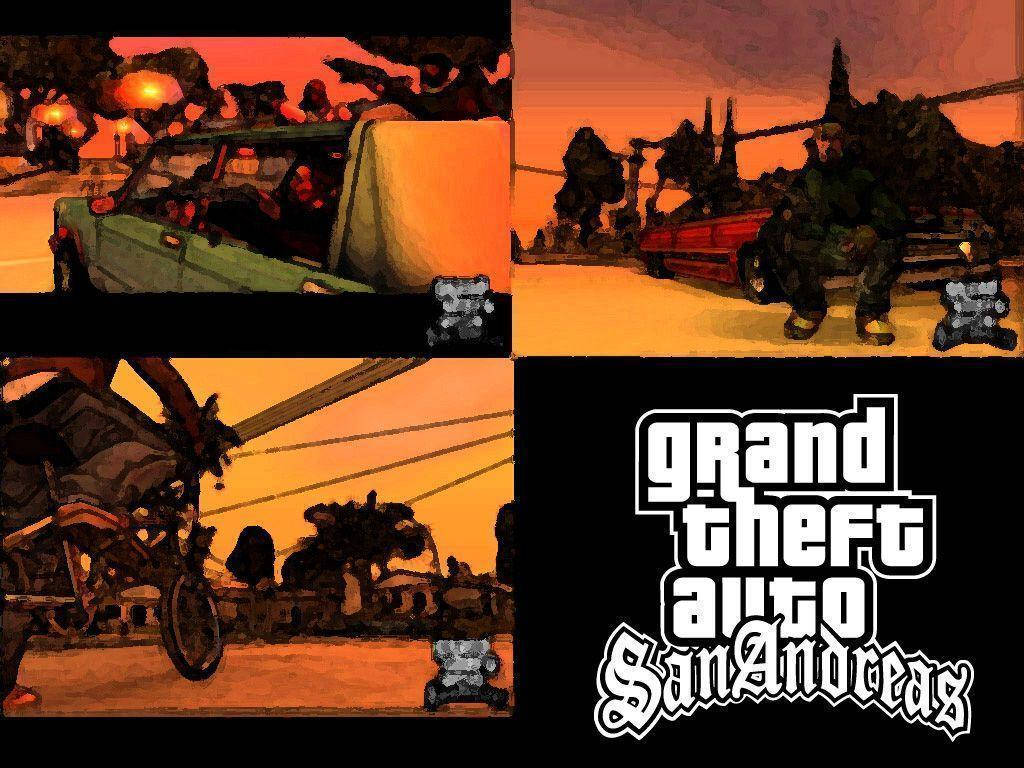 GTA 聖安地列斯 桌布 壁紙 — 《俠盜獵車手：聖安地列斯》的四個 gritty 遊戲場景，展示角色在沙漠小鎮日落時分手持武器。