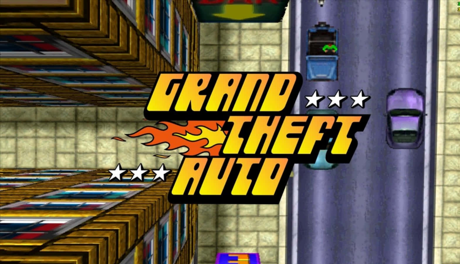 《俠盜獵車手》遊戲標題畫面，汽車在街道上奔馳。 — GTA 5 動圖 壁紙