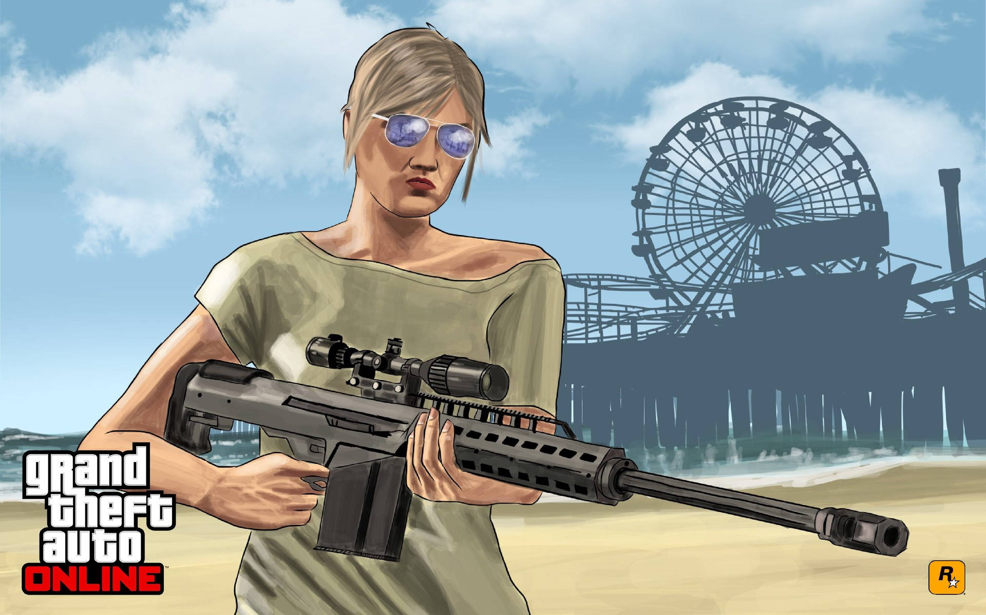 Gta 桌布 壁紙 — 《俠盜獵車手Online》中的角色在海灘上手持狙擊步槍，背景有摩天輪。