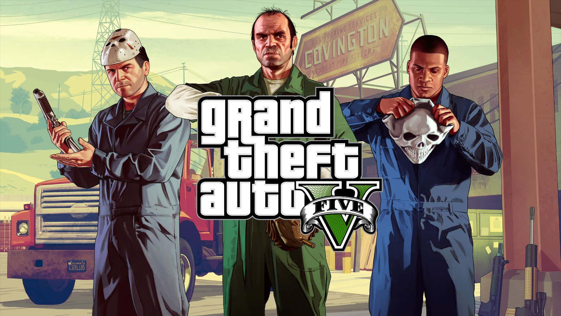 Gta 5 Desktop 桌布 壁紙 — 《俠盜獵車手V》中三位粗獷的主角站在陽光普照的工業場地，手持武器和一個骷髏面具。
