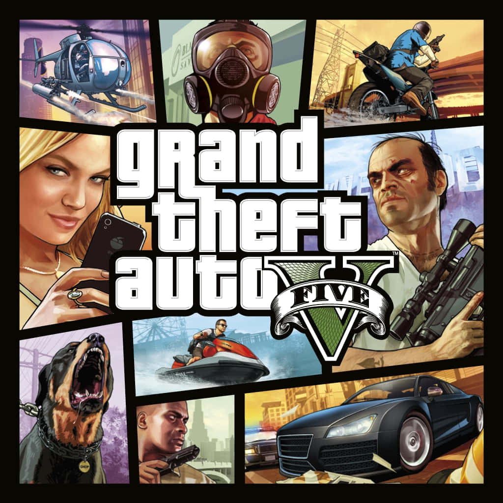 Gta Online 桌布 壁紙 — 《俠盜獵車手V》場景拼貼，以風格化漫畫藝術呈現角色、武器、車輛及城市混亂。