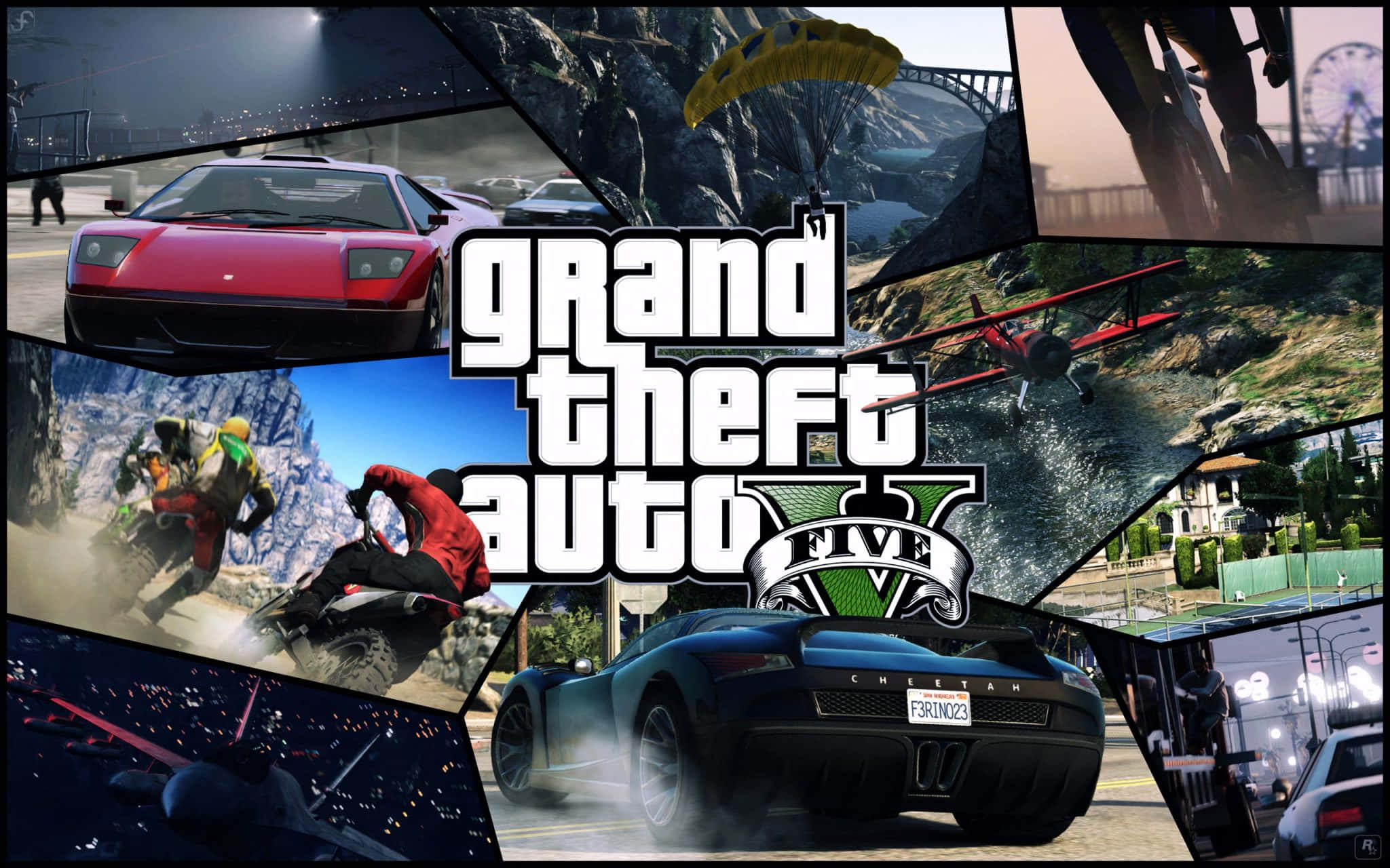 Gta Online 桌布 壁紙 — 《俠盜獵車手V》場景拼貼，包含跑車、越野機車、降落傘和城市景觀，在戲劇性燈光下呈現。