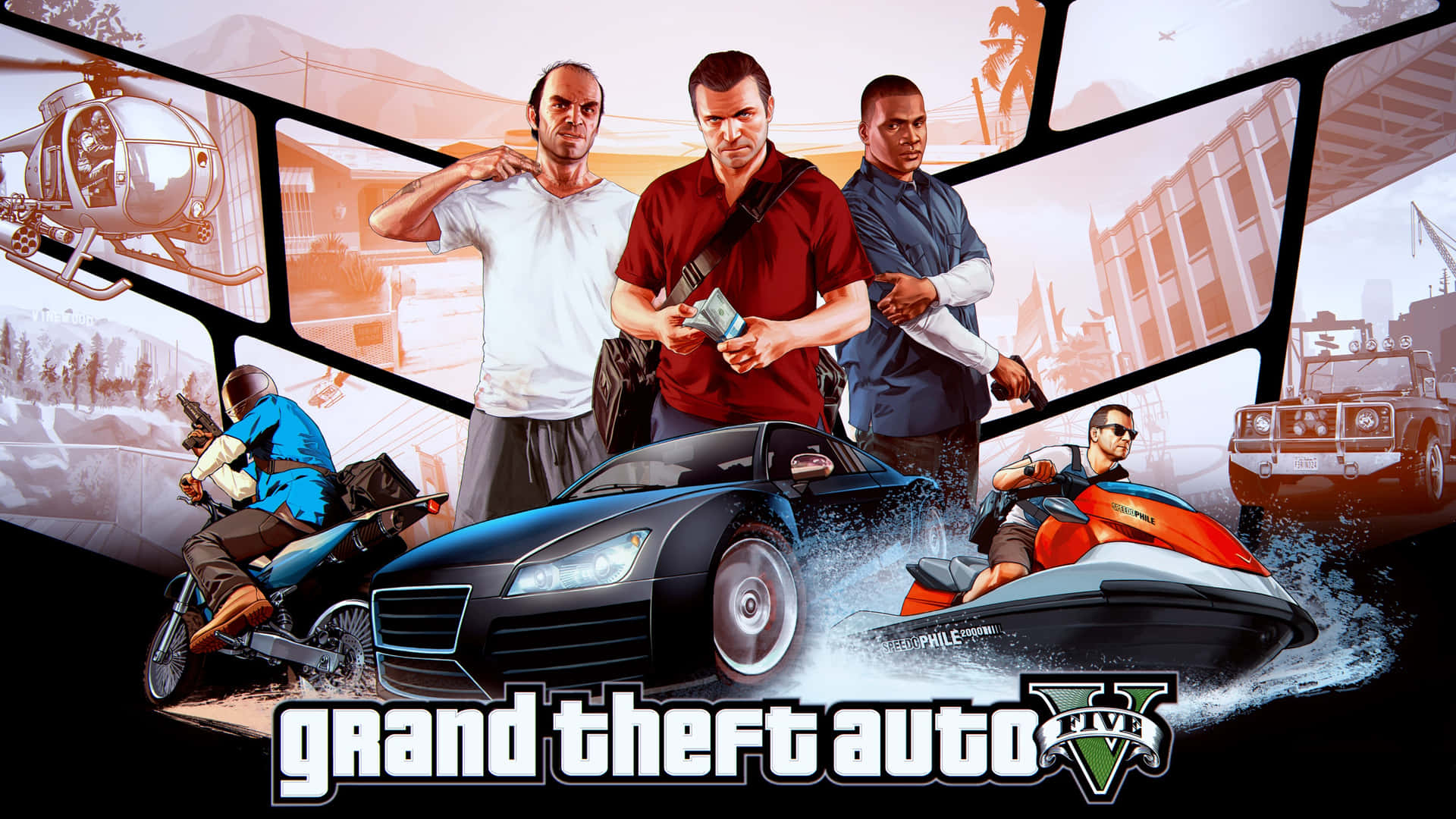《俠盜獵車手V》遊戲封面，展示主要角色和車輛在行動中。 — GTA 5 動圖 壁紙