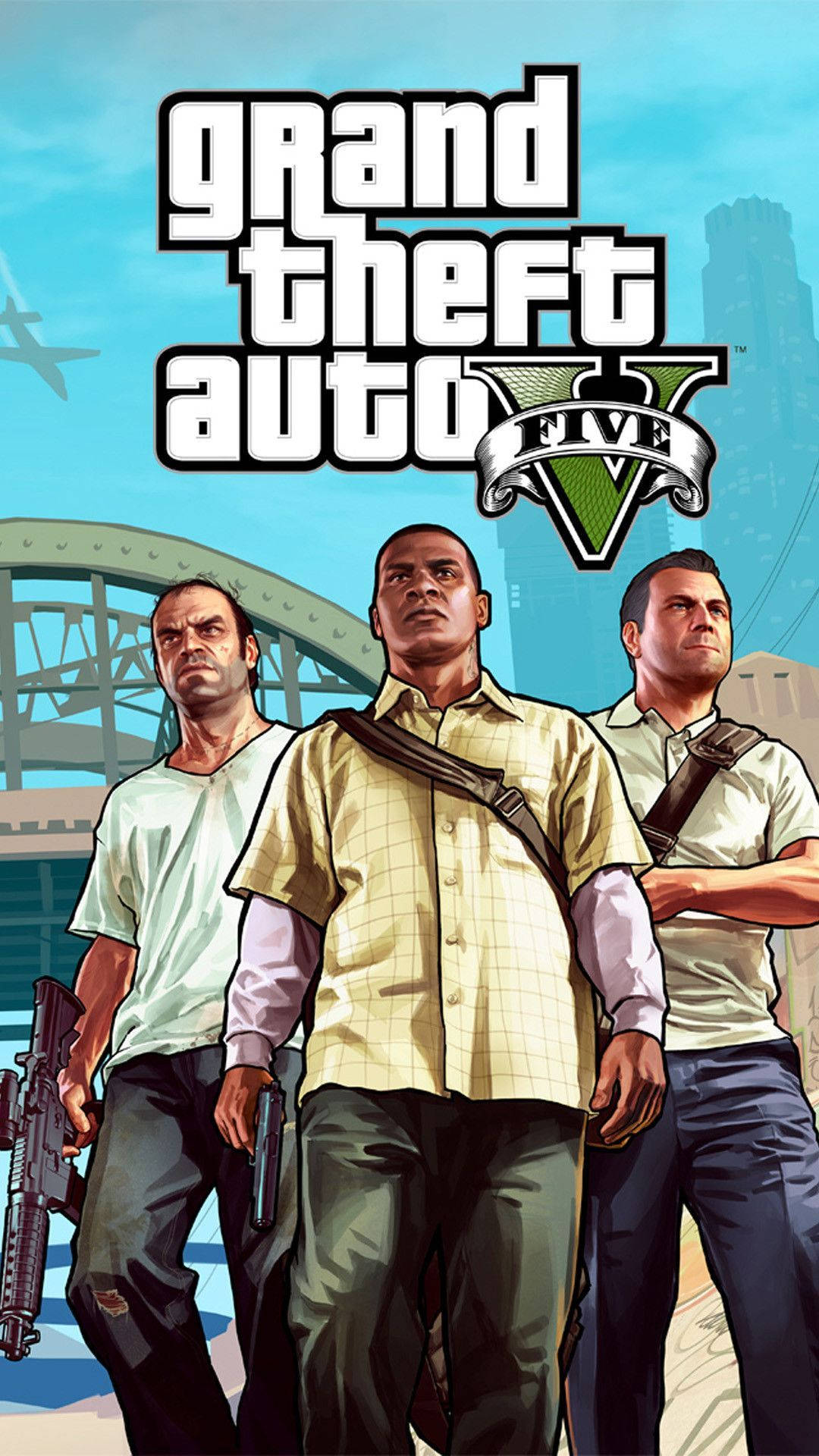 4K gta 5 桌布 壁紙 — 《俠盜獵車手V》的三位主角自信地站在城市橋樑前，背景是明亮的藍天。