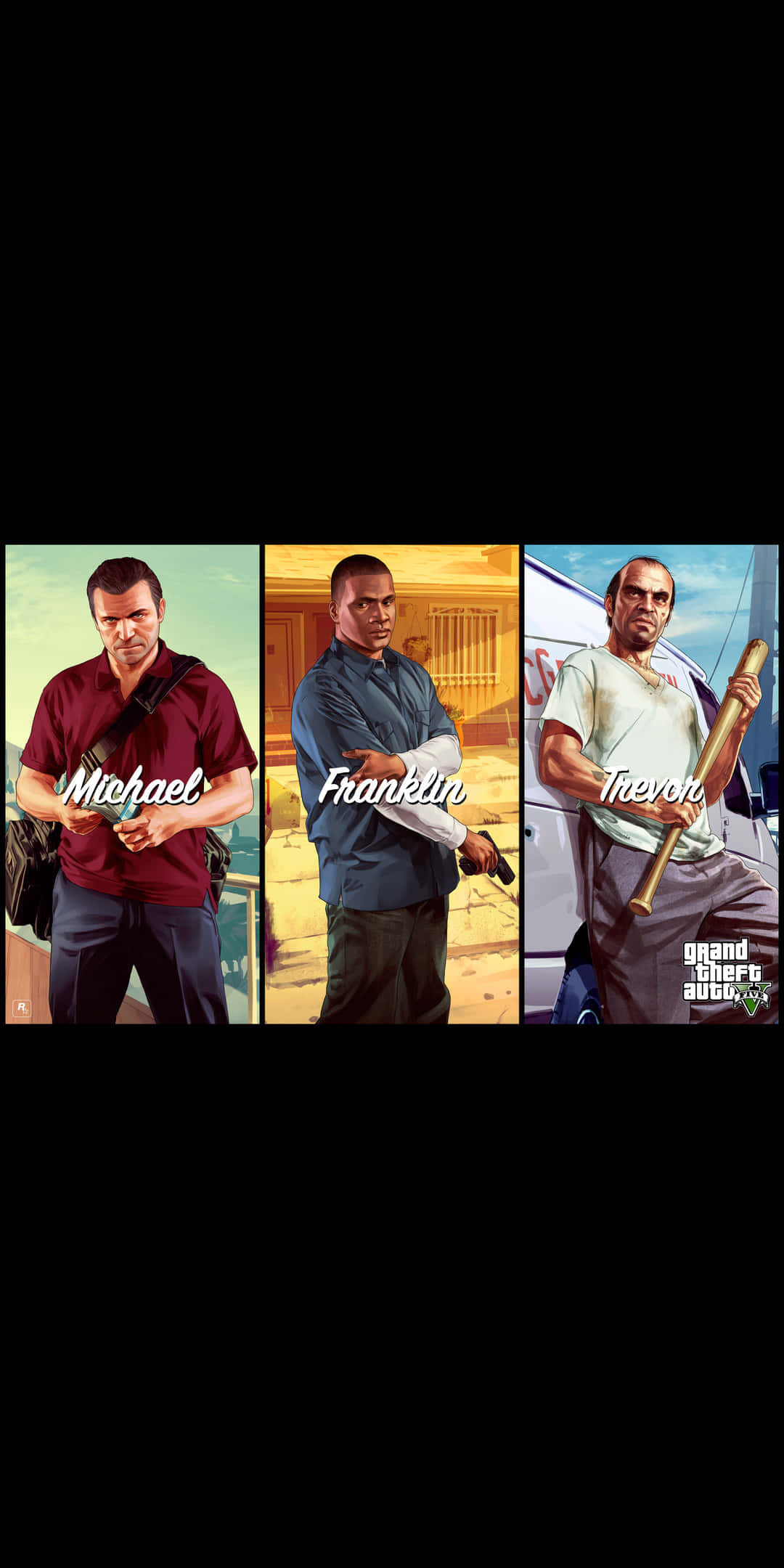 Pixel 3 Grand Theft Auto V 桌布 壁紙 — 《俠盜獵車手V》的三位主角自信地站在不同的面板上，背景為城市景觀。
