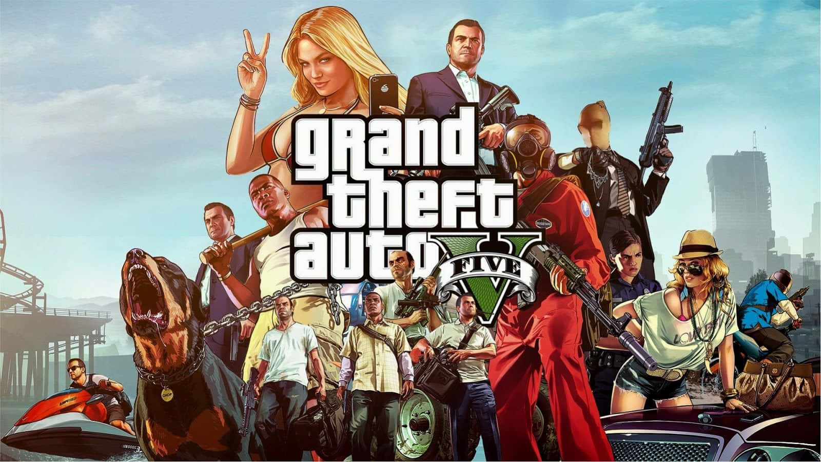 Gta Online 桌布 壁紙 — 《俠盜獵車手V》遊戲封面，展示主要角色在混亂的城市場景中，配備武器和車輛。