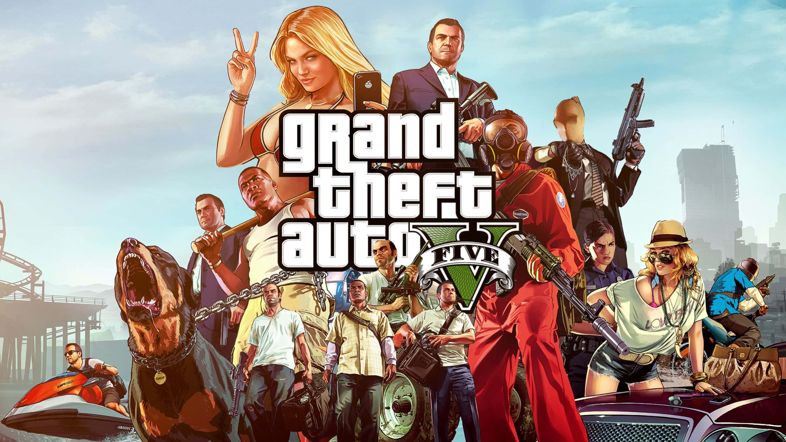 Grand Theft Auto V 桌布 壁紙 — 《俠盜獵車手V》遊戲封面，展示多樣角色手持武器和車輛，背景為城市天際線。