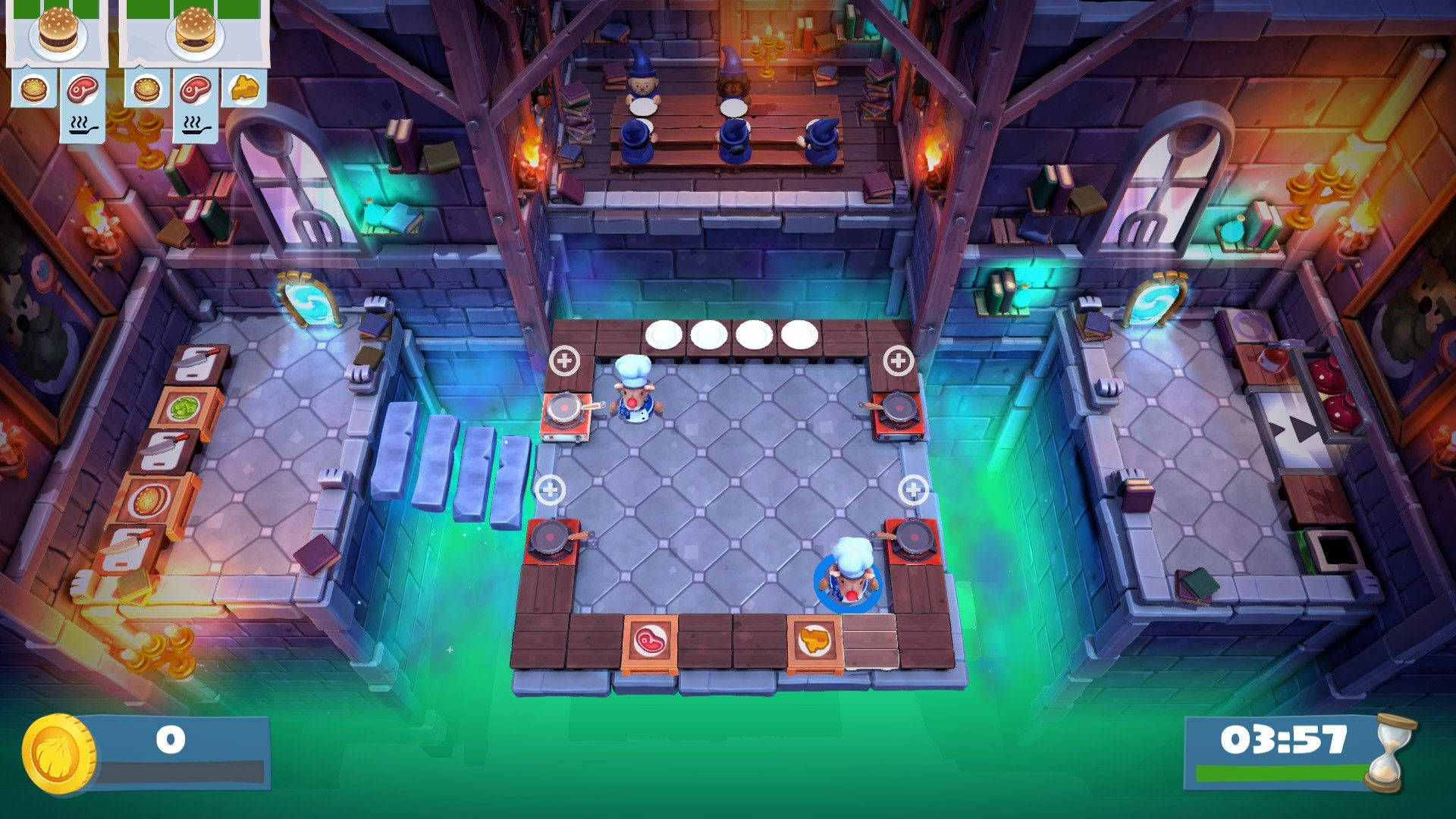Overcooked 桌布 壁紙 — 俯瞰一個充滿活力的卡通廚房，廚師在發光的燈光下烹飪，計時器正在倒數。