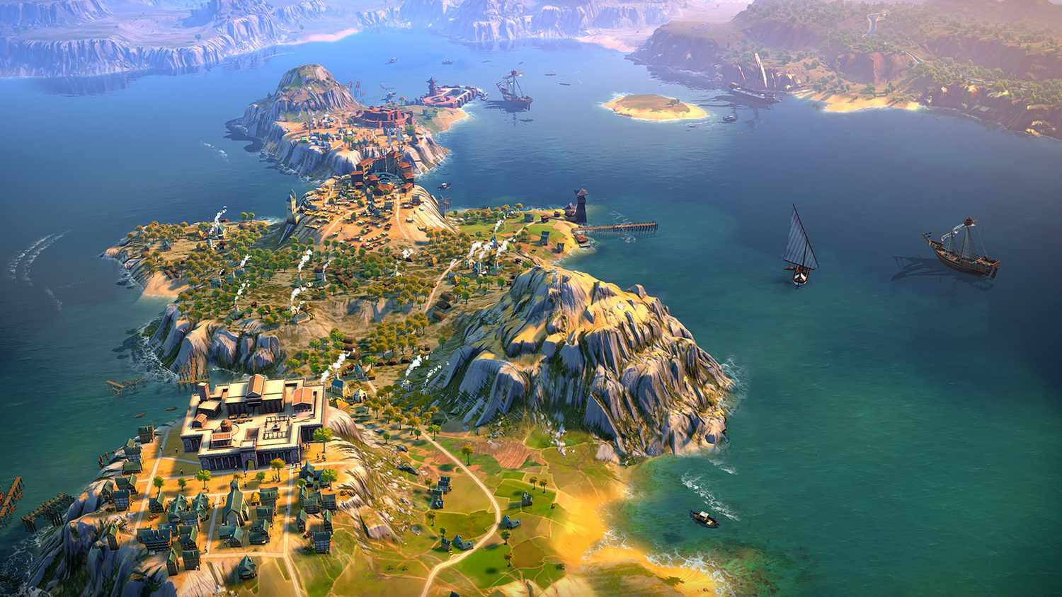 Carthage 桌布 壁紙 — 俯瞰一個充滿活力的沿海島嶼定居點，擁有古老遺跡、帆船和崎嶇的懸崖，沐浴在金色的陽光下。