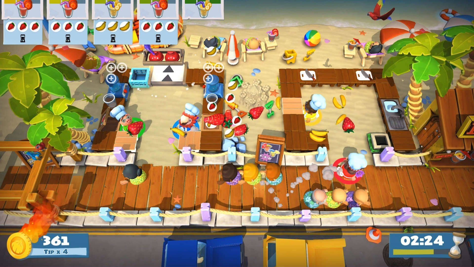 Overcooked 桌布 壁紙 — 俯瞰一個充滿活力的海邊美食車遊戲，卡通廚師為顧客提供水果冰沙。