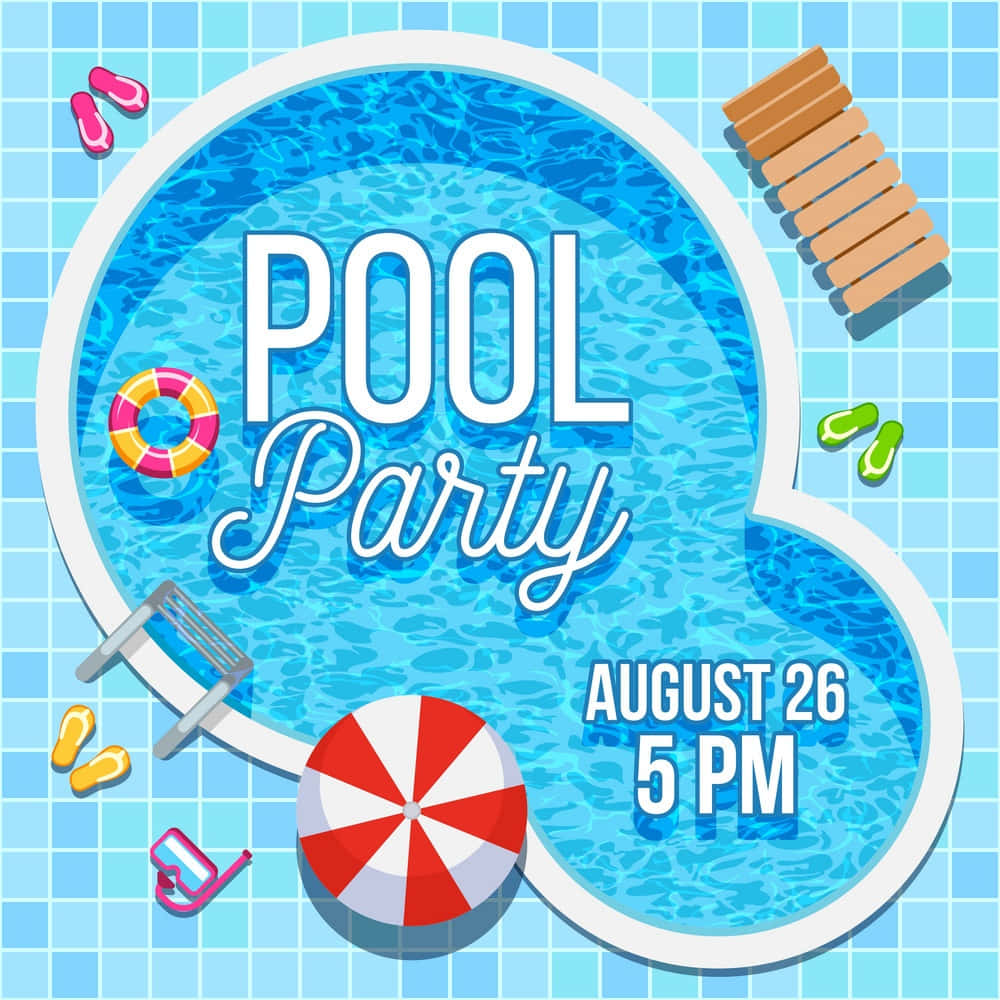 Party 桌布 壁紙 — 俯瞰一個充滿活力的藍色泳池，上面有'POOL Party'文字，周圍環繞著浮具、人字拖和沙灘球，位於瓷磚甲板上。