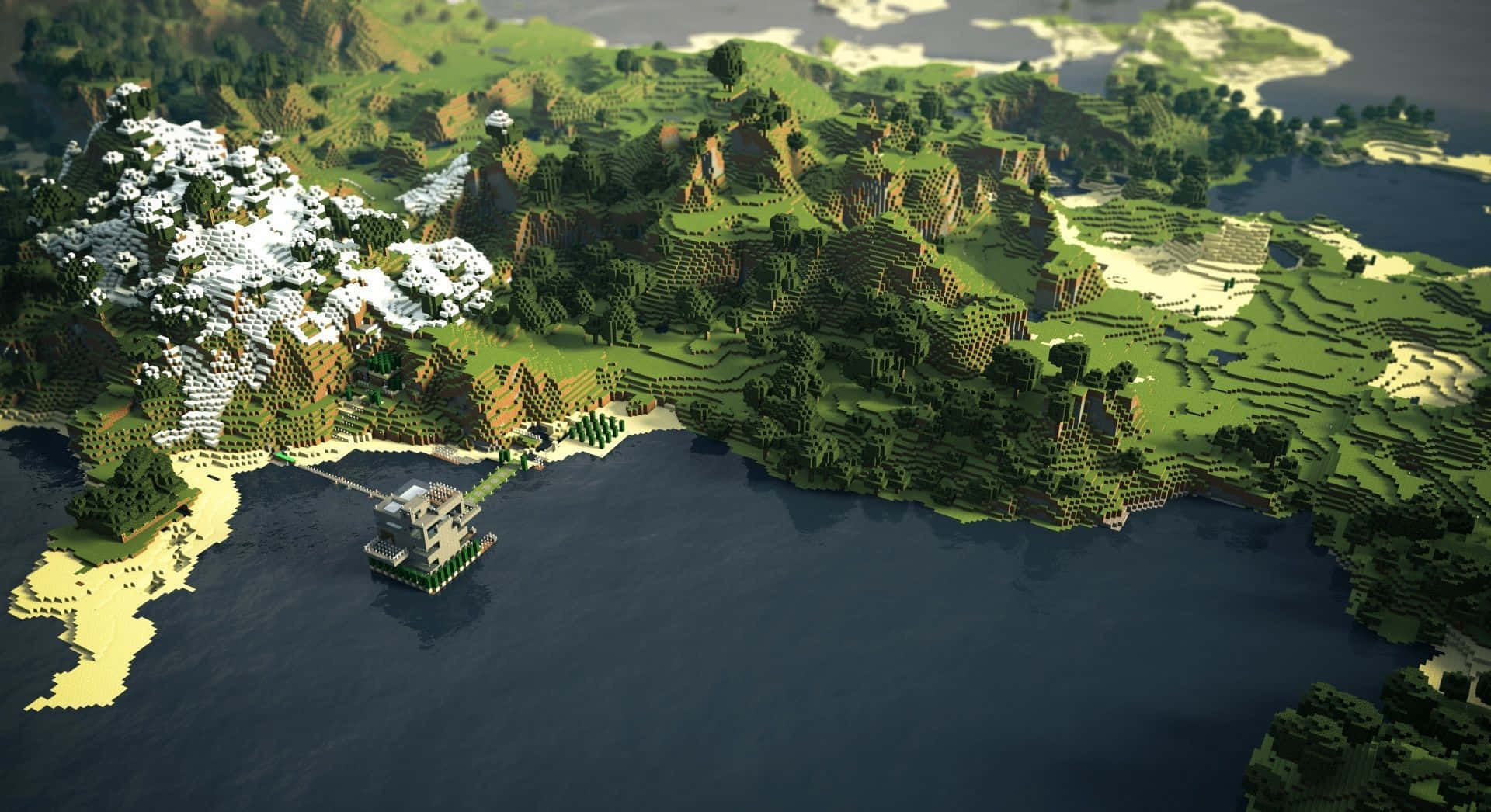 Minecraft Map 桌布 壁紙 — 俯瞰一個方塊狀的Minecraft島嶼，有雪峰、森林和一座俯瞰深藍色海水的沿海豪宅。