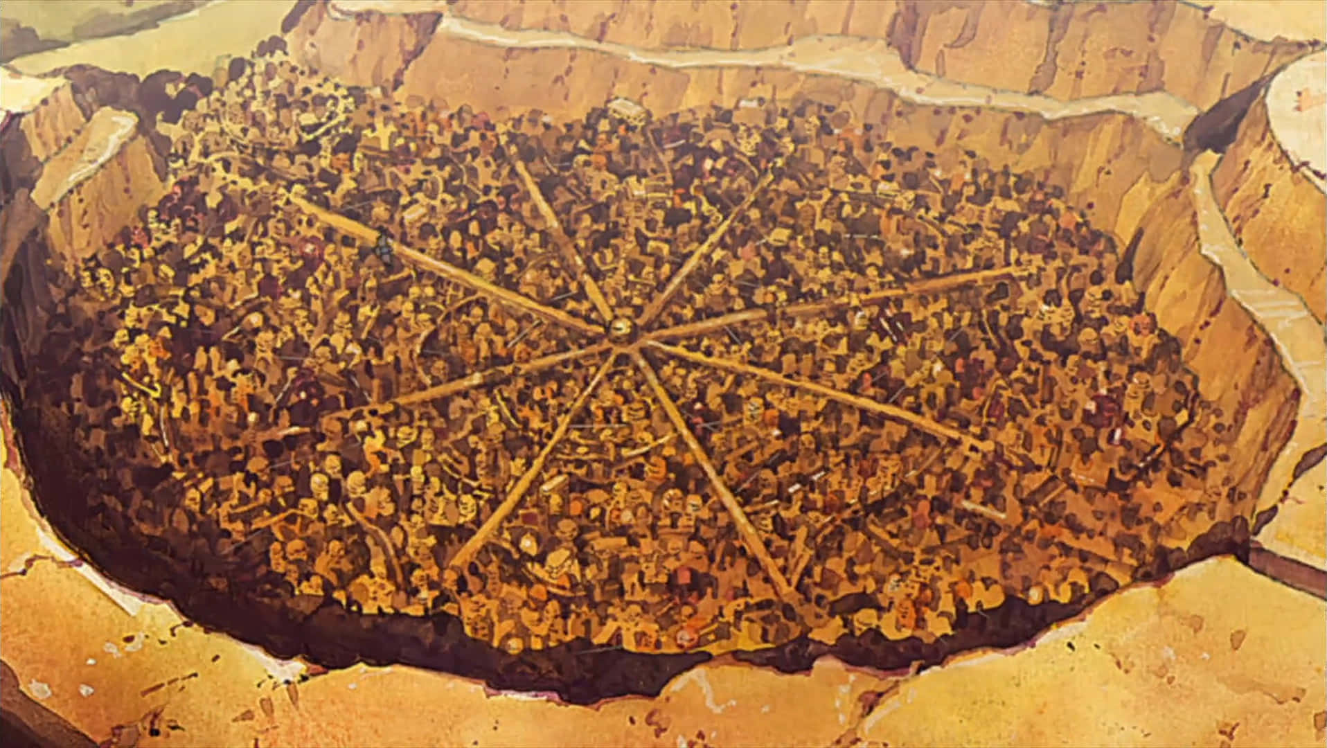 Hidden Sand Village 桌布 壁紙 — 俯瞰一個繁華的地下城市，雕刻在巨大的峽谷中，設有放射狀的木質步道。
