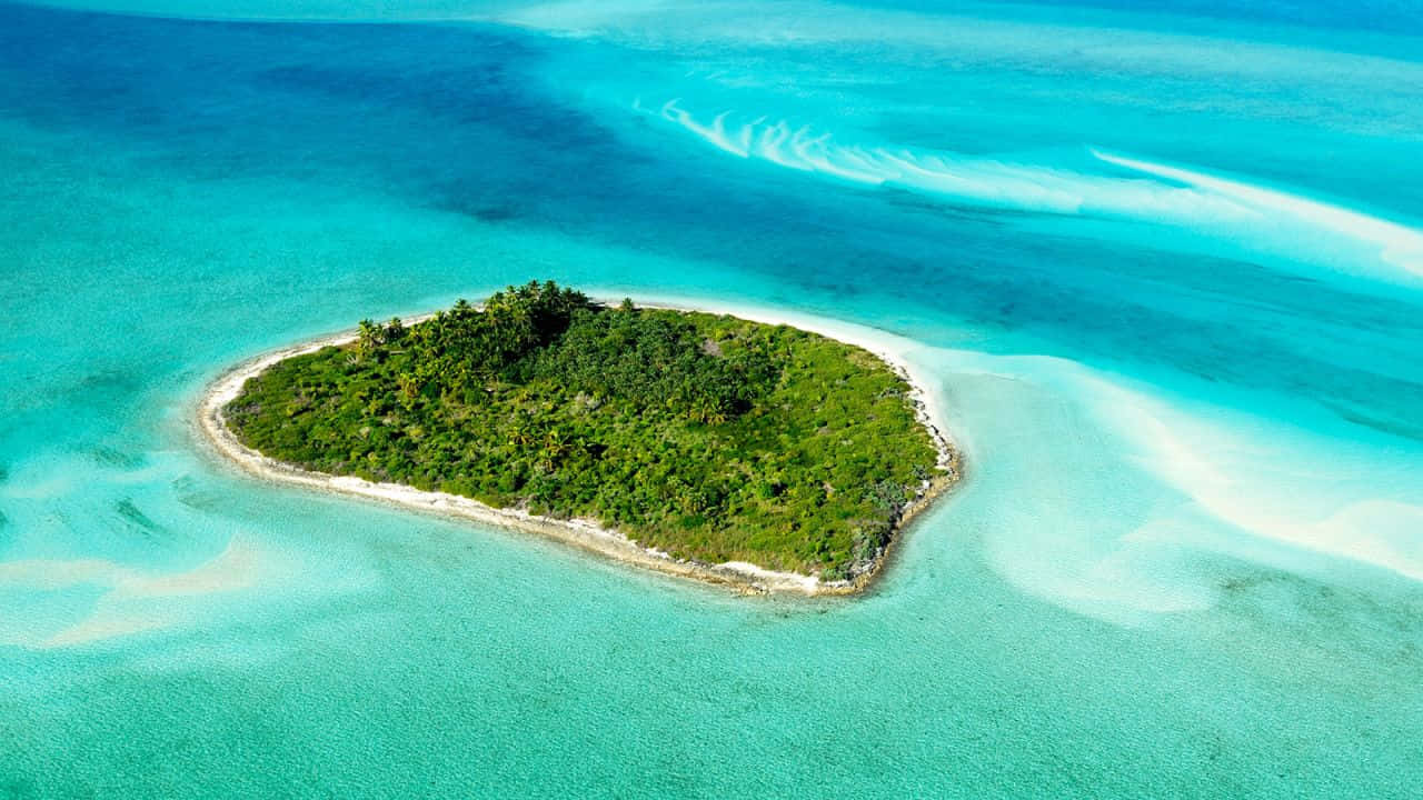 Bahamas Island 桌布 壁紙 — 俯瞰一個鬱鬱蔥蔥的熱帶島嶼，周圍環繞著充滿活力的碧綠海水和白色沙洲。