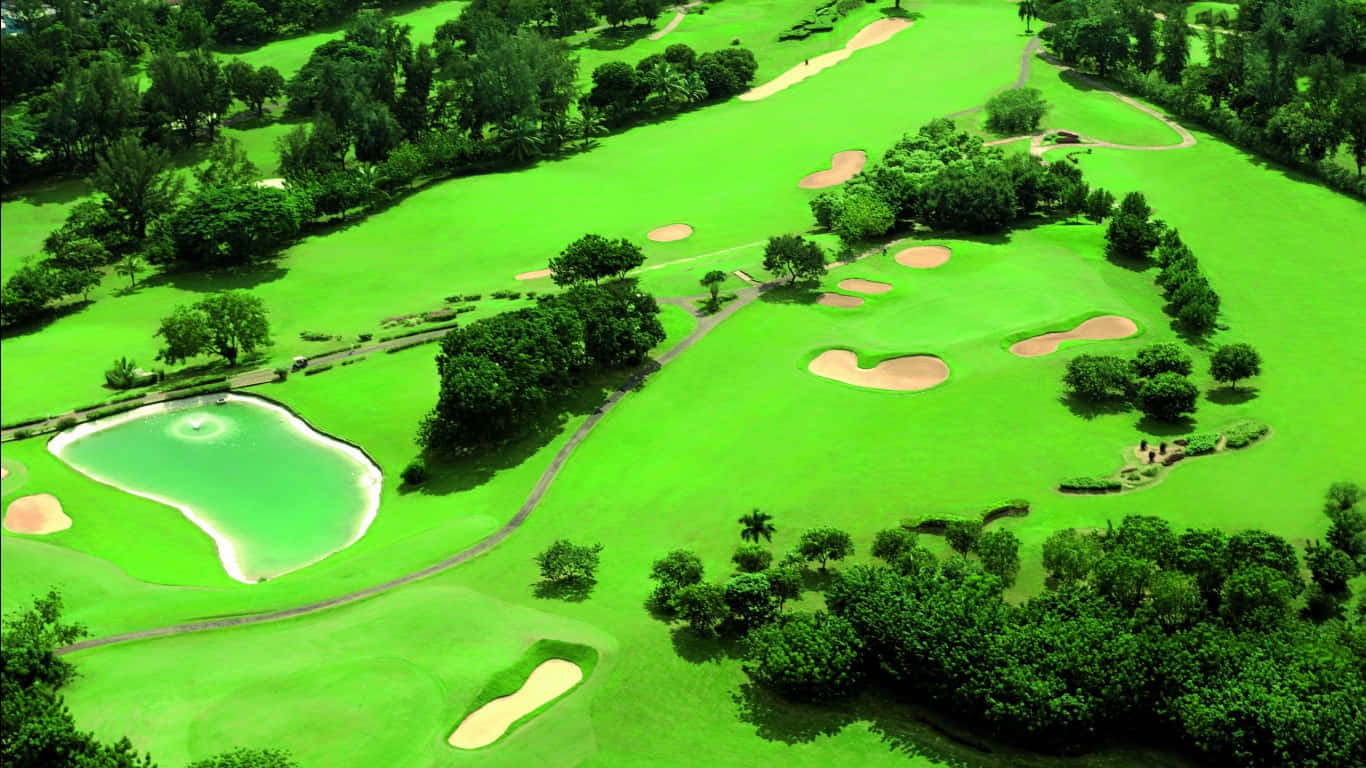 1366x768 Golf Course 桌布 壁紙 — 俯瞰一個鬱鬱蔥蔥的綠色高爾夫球場，設有沙坑和一個被茂密樹木環繞的池塘。
