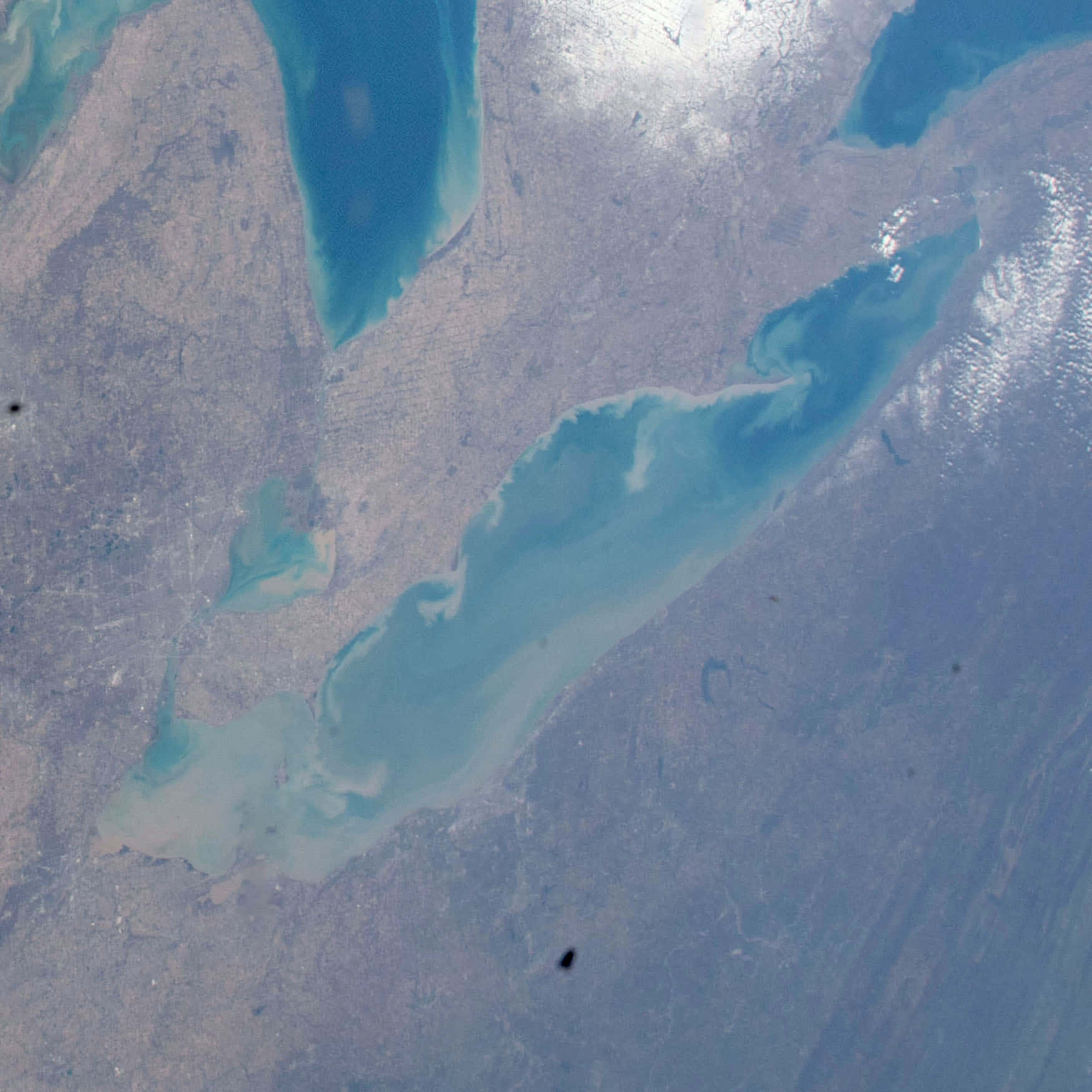 Lake Erie 桌布 壁紙 — 俯瞰乾旱陸地中蜿蜒的碧綠海灣，可見水流與海岸紋理。