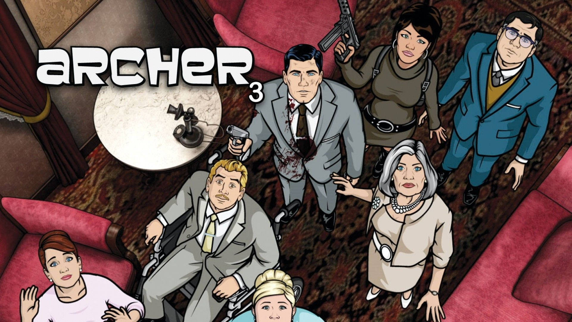 archer 桌布 壁紙 — 俯瞰六個動畫角色在一個豪華房間裡，有紅色沙發和一個血跡斑斑的男人拿著槍。
