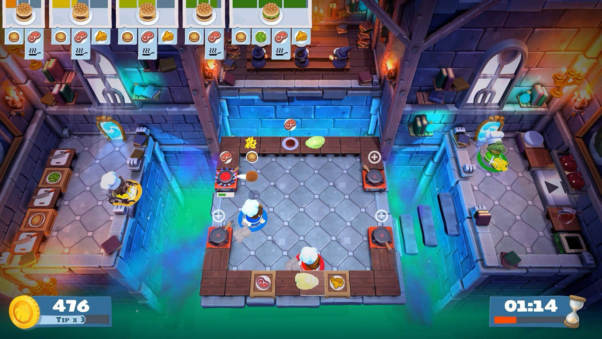 Overcooked 桌布 壁紙 — 俯瞰廚師在充滿活力的卡通風格中世紀廚房中以藍色和綠色發光照明競賽準備漢堡。