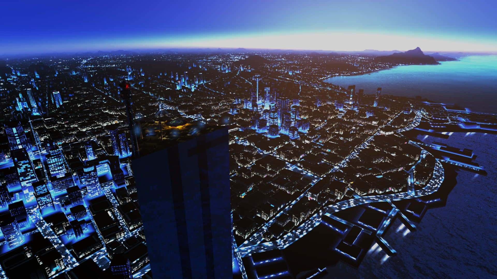 City View 桌布 壁紙 — 俯瞰未來城市夜景，海濱和摩天大樓沿線閃爍著藍色光芒。