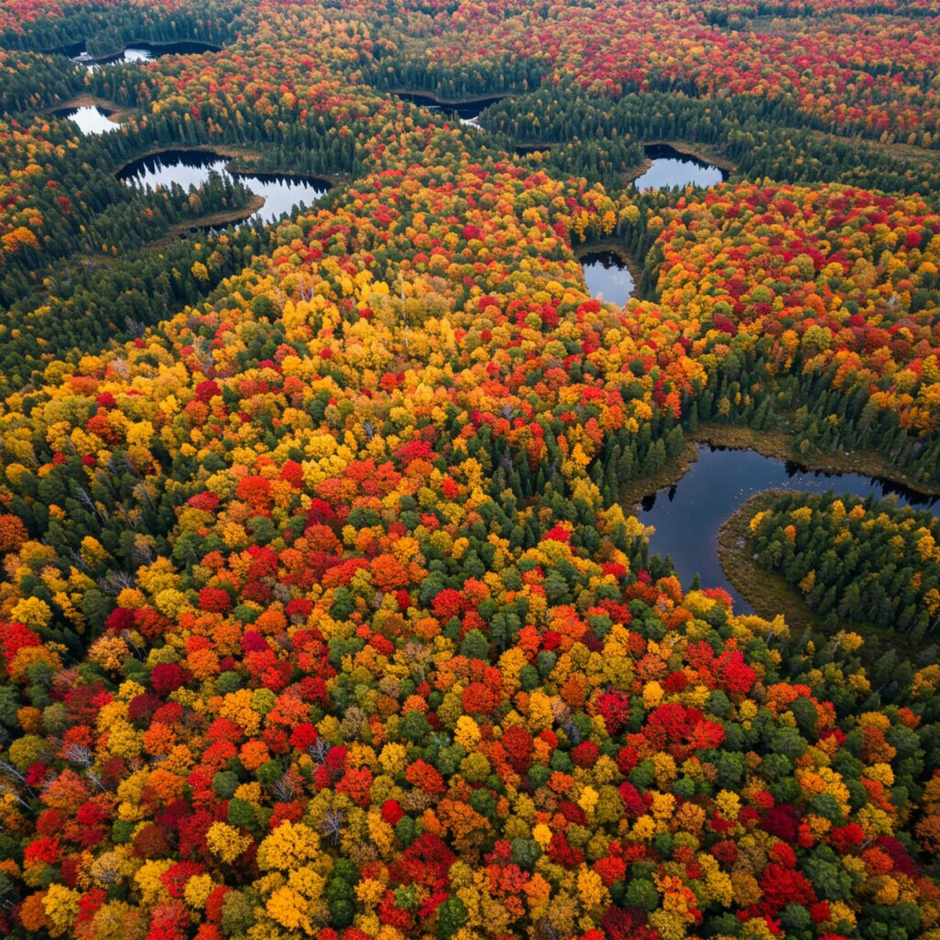 Colorful trees seen from above 壁紙 — 俯瞰森林在秋天色彩紅橙黃綠中燃燒，蜿蜒的河流穿過充滿活力的樹冠。
