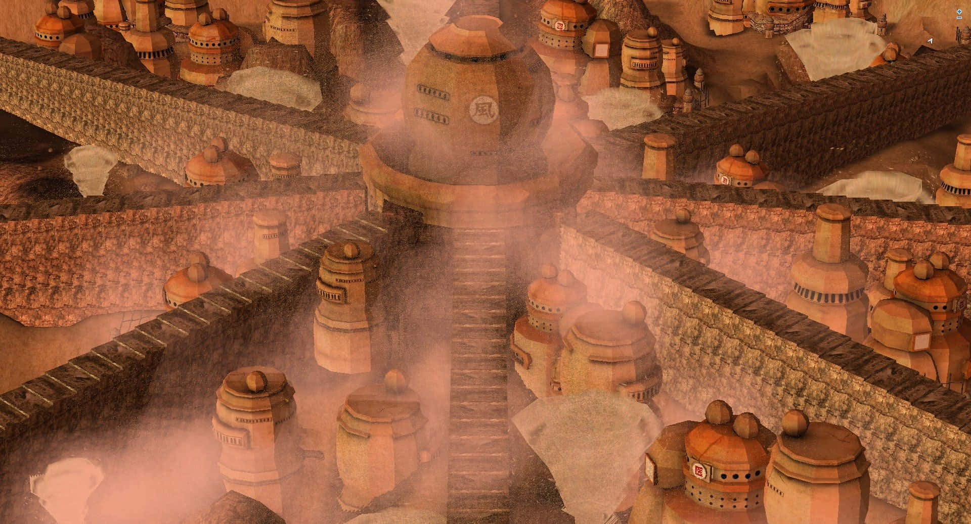 Hidden Sand Village 桌布 壁紙 — 俯瞰沙漠堡壘，赤陶塔樓和石牆籠罩在旋轉的塵埃中。