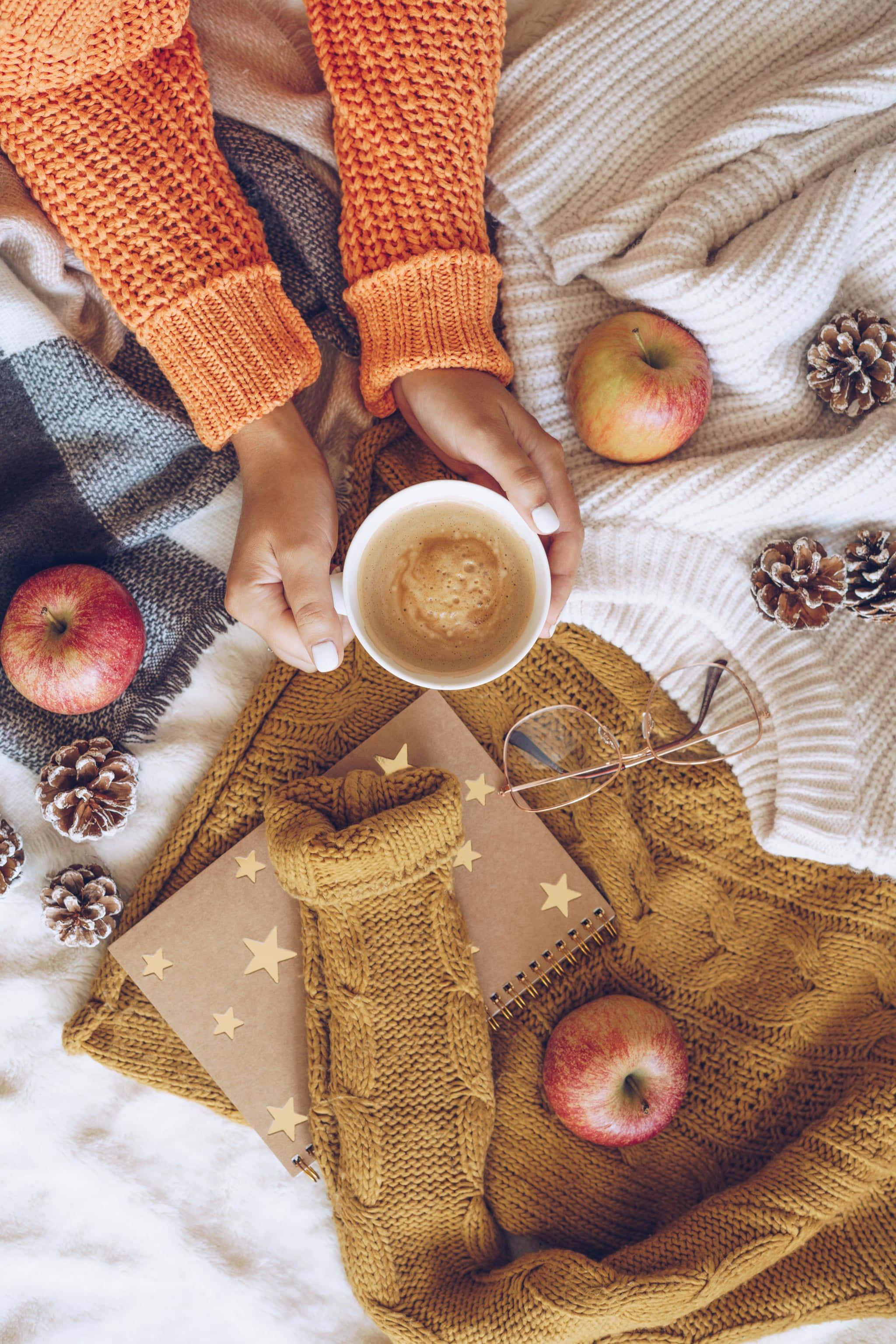Cozy iPhone 桌布 壁紙 — 俯瞰溫馨秋日場景，雙手捧著咖啡杯，周圍有蘋果、松果和針織毛衣，放在柔軟的毯子上。