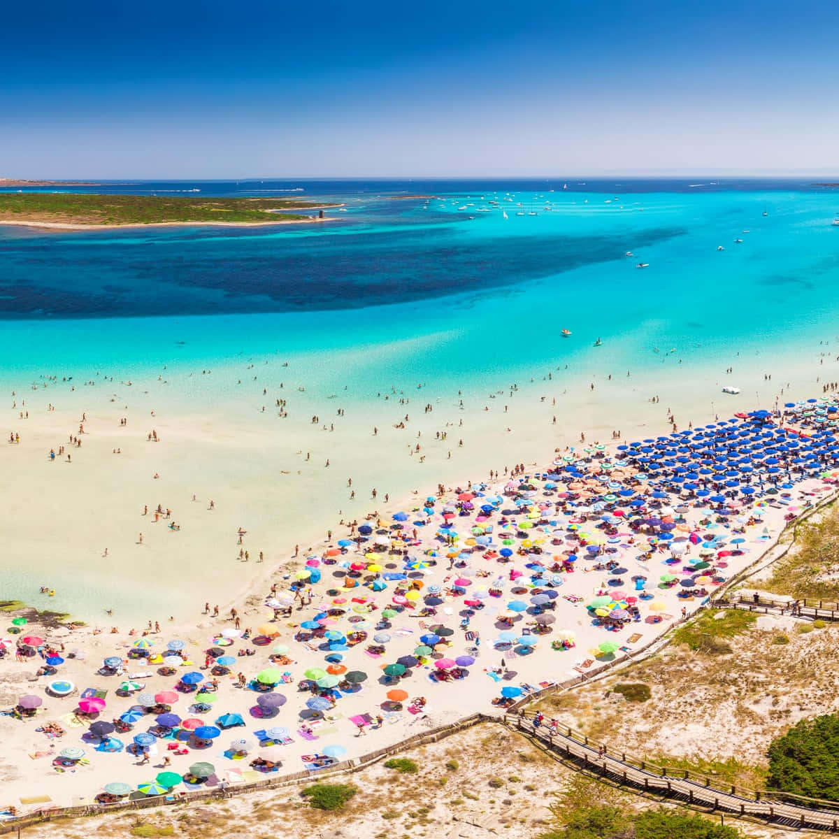 Italian Beach 桌布 壁紙 — 俯瞰熱鬧的熱帶海灘，碧綠海水與色彩繽紛的傘下人群。