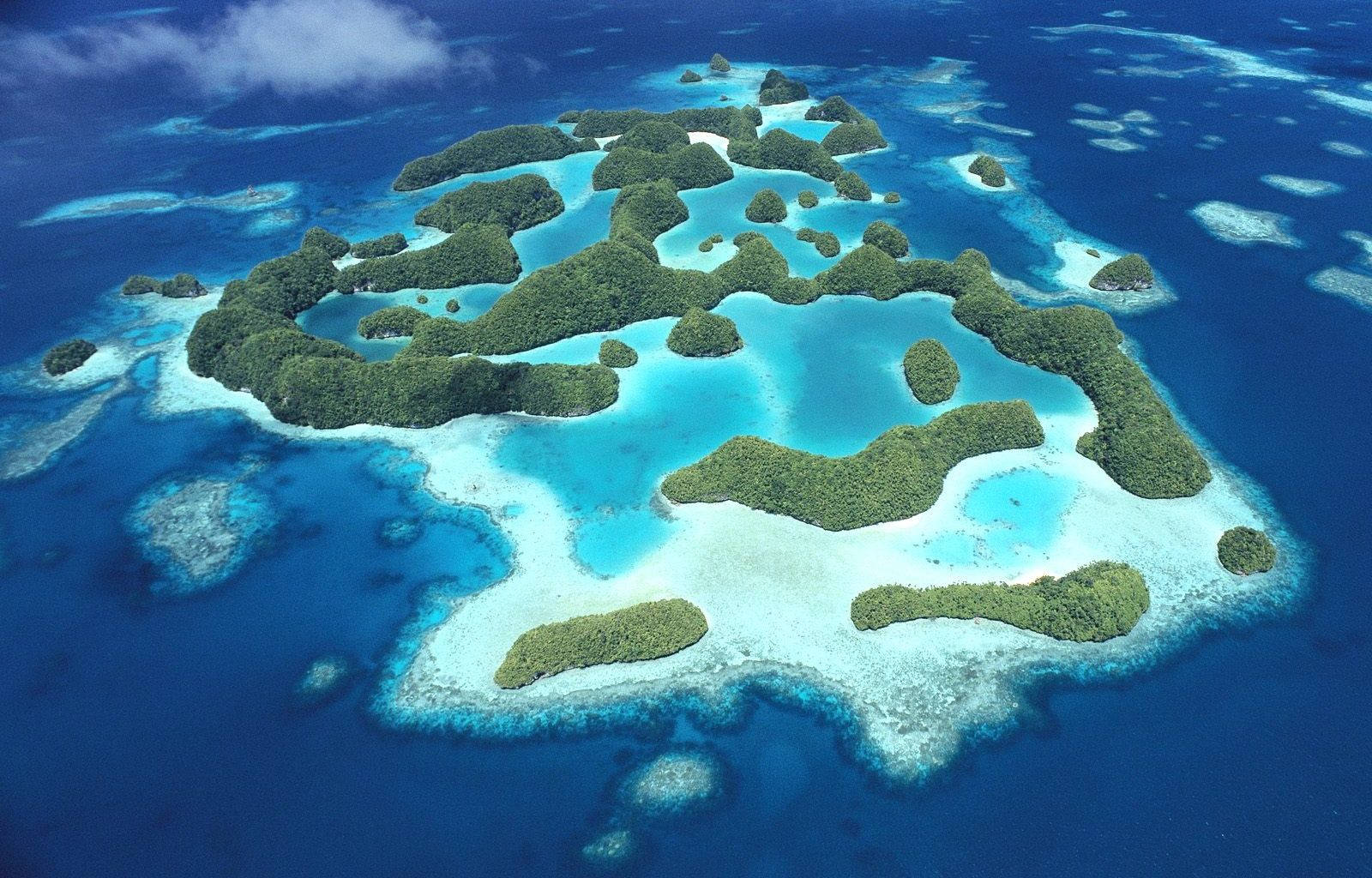 Palau 桌布 壁紙 — 俯瞰茂密綠色環礁，擁有碧綠潟湖和珊瑚礁，被深藍色海洋環繞。