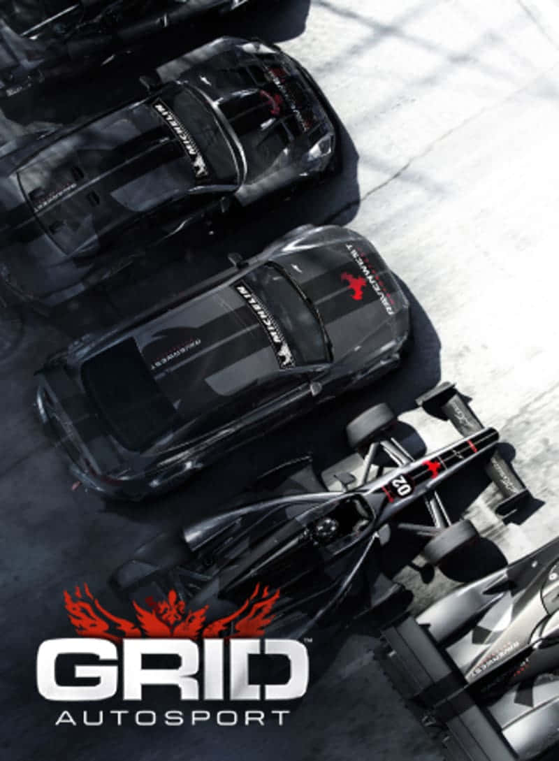 iPhone X Grid Autosport 桌布 壁紙 — 俯瞰視角，黑色賽車整齊停放在陽光明媚的混凝土場地上，帶有「GRID AUTOSPORT」標誌。