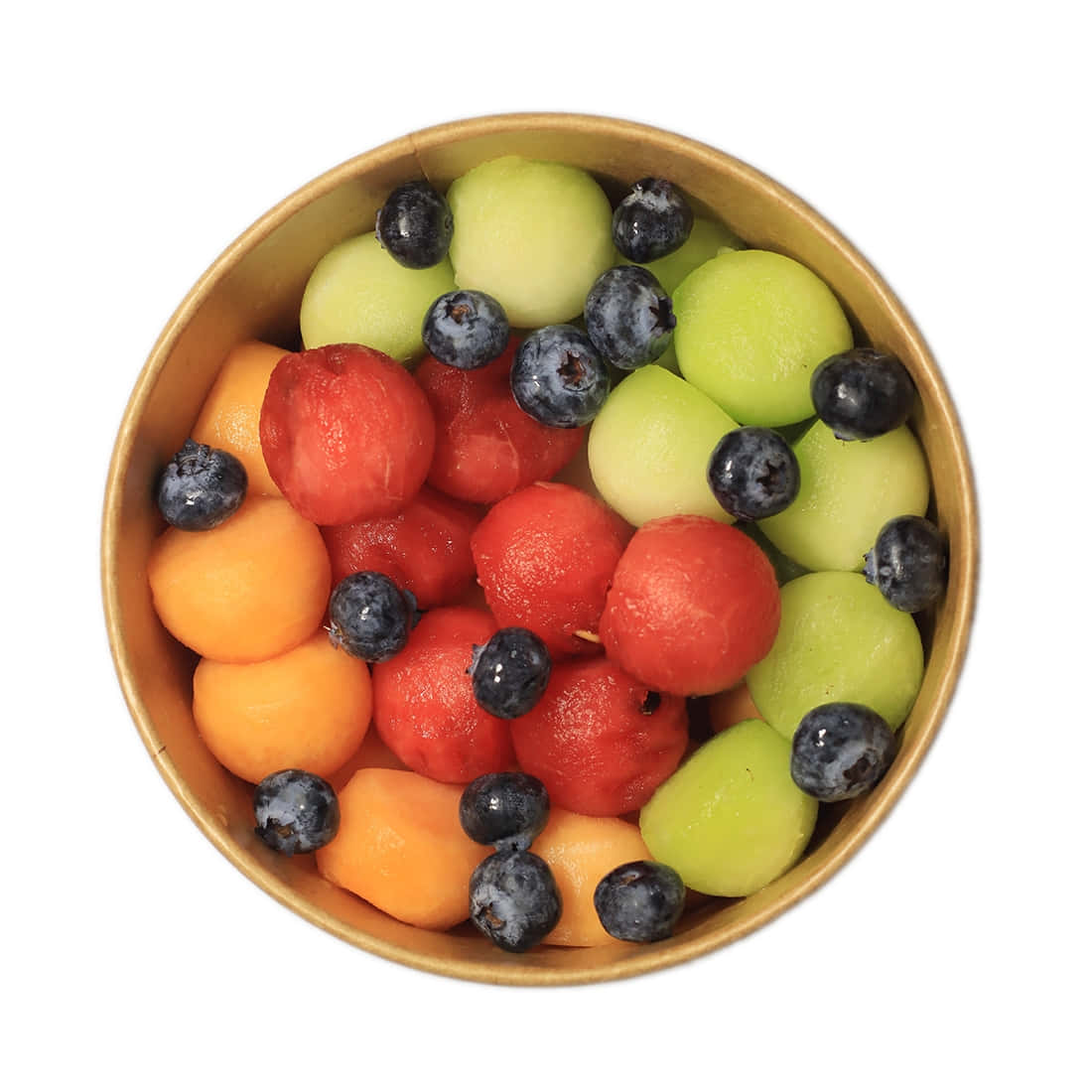 Fruits 桌布 壁紙 — 俯視一個金色碗，裡面裝滿了色彩繽紛的西瓜、哈密瓜、蜜瓜球和藍莓。