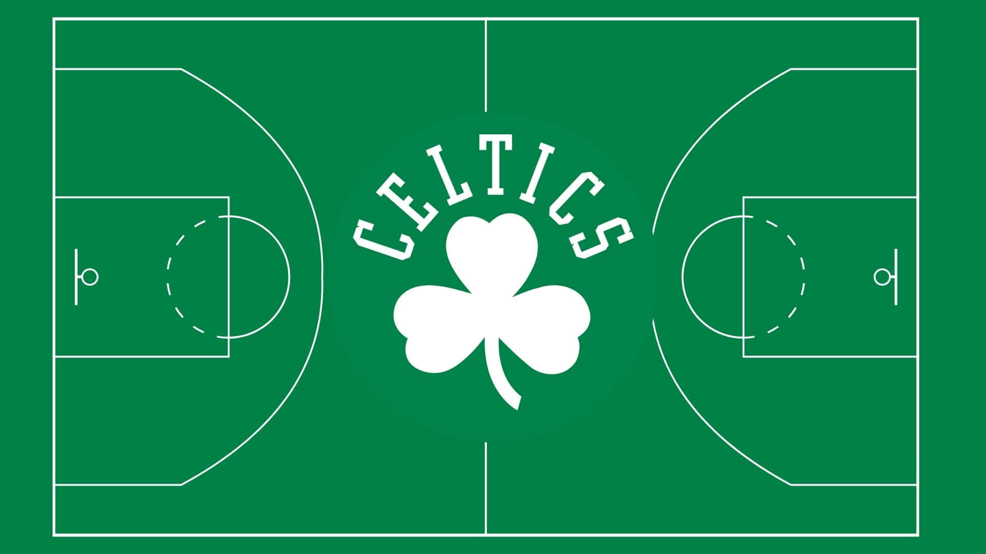 Celtics 桌布 壁紙 — 俯視圖，一個綠色籃球場，有白色線條和中央帶有三葉草的白色塞爾提克標誌。
