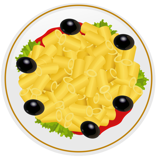 Pasta 桌布 壁紙 — 俯視圖：白色盤子上有金黃色通心粉義大利麵，配上黑橄欖和綠色生菜，放在紅色醬汁底上。