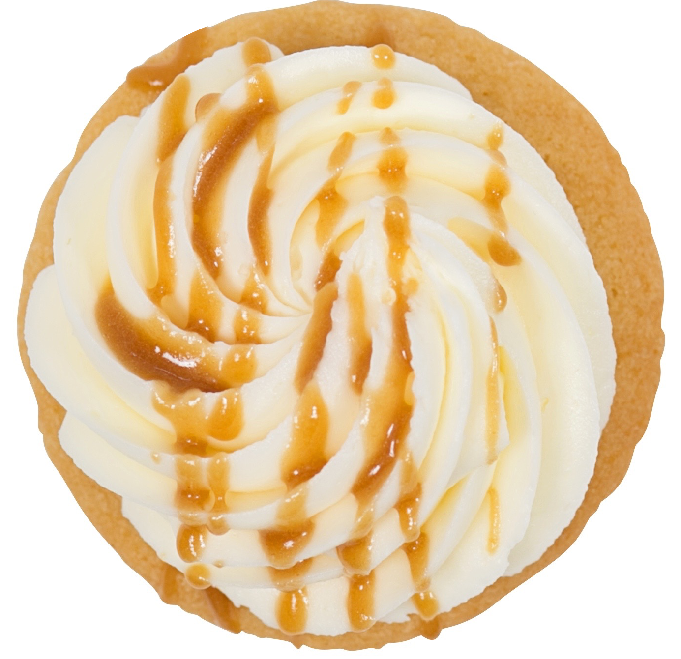 Pastries 桌布 壁紙 — 俯視圖：金色餅乾上配有奶油白色漩渦和閃亮焦糖醬。