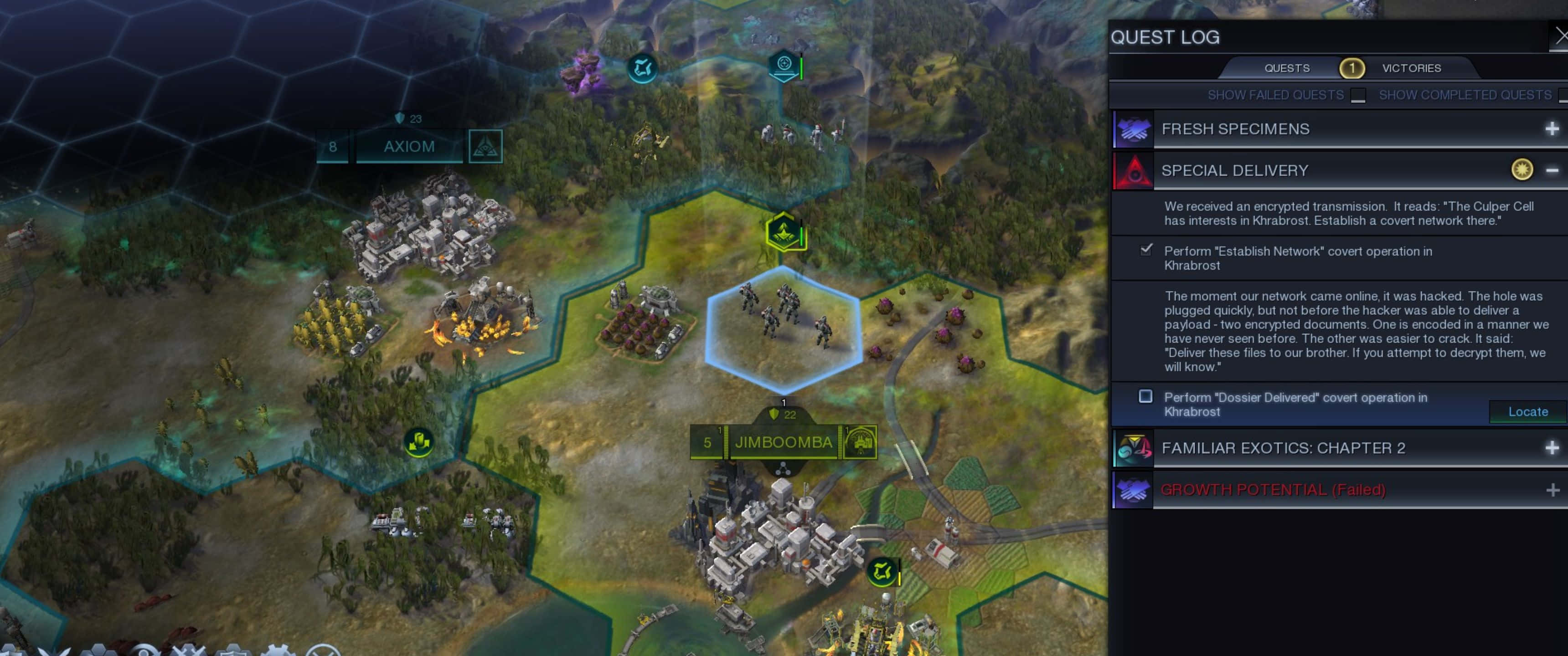 1440p Civilization Beyond Earth 桌布 壁紙 — 俯視圖顯示六角網格策略遊戲地圖，包含森林地形基地和帶有任務目標的任務日誌。