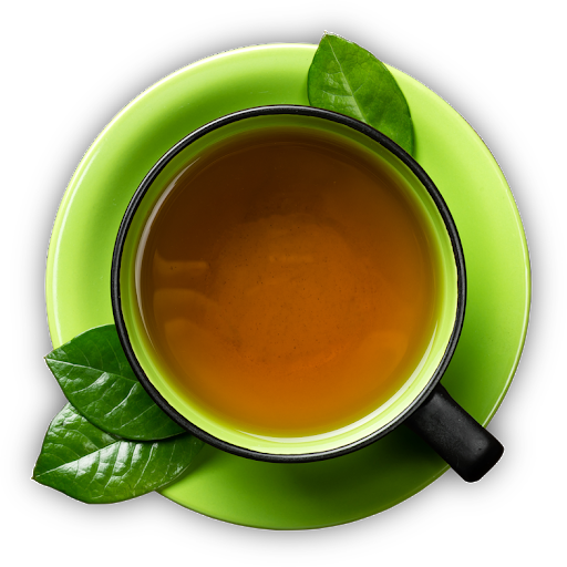 薄荷 桌布 壁紙 — 俯視角度拍攝，一個黑邊杯子盛著琥珀色茶，放在亮綠色茶碟上，配上新鮮綠葉，背景為純黑色。