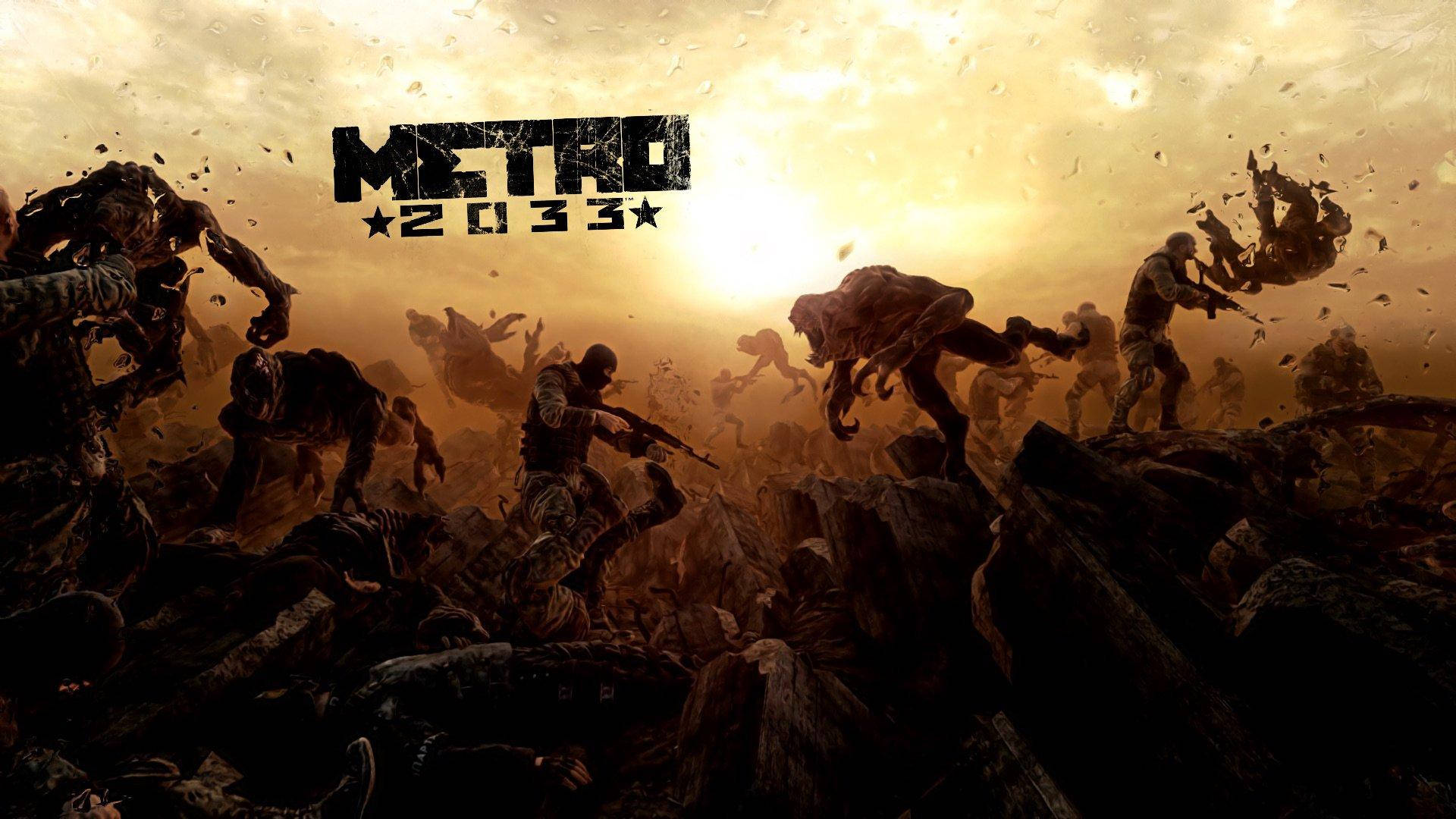 4K Metro 2033 桌布 壁紙 — 倖存者在荒涼、陽光明媚的廢土上與怪誕的變異體戰鬥，標題為「METRO 2033」。