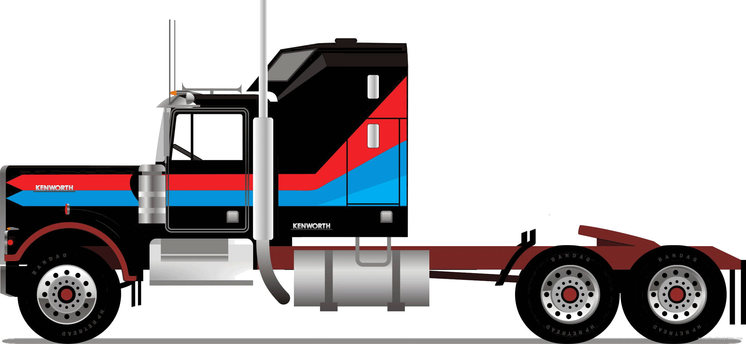 Kenworth W900 桌布 壁紙 — 側面展示的時尚黑色Kenworth半掛卡車，帶有醒目的紅藍對角線條和銀色點綴。