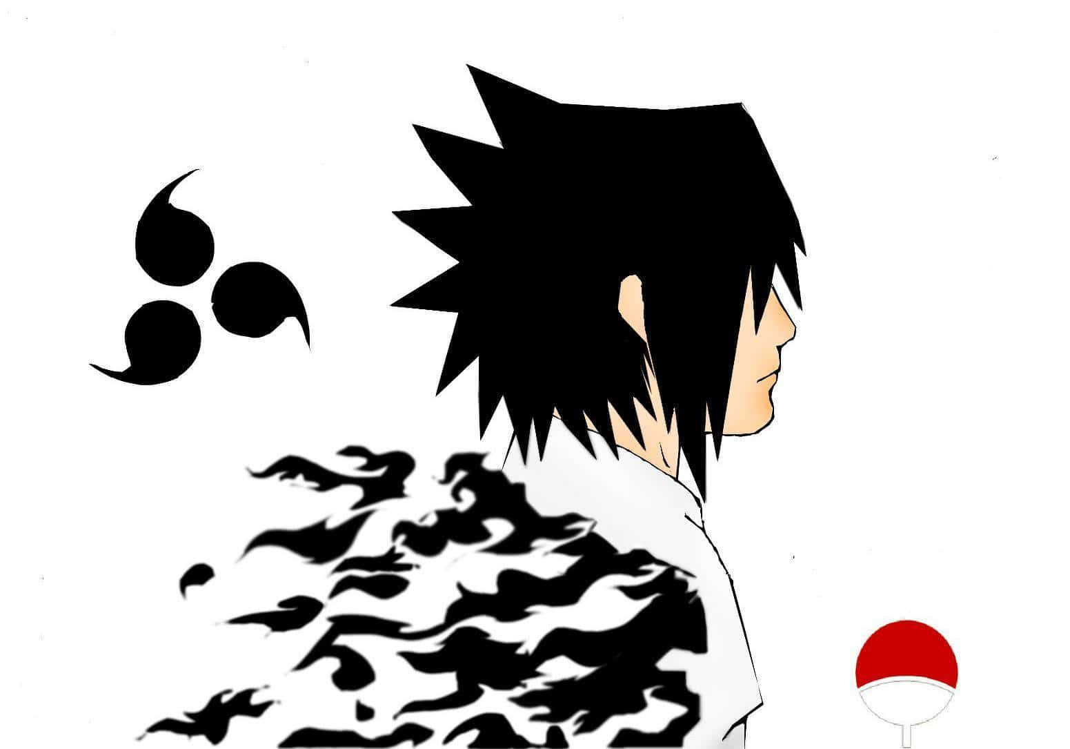 Sasuke Uchiha Cursed Mark 桌布 壁紙 — 側面的動漫角色宇智波佐助，帶有黑色火焰般的查克拉和宇智波一族標誌，背景為白色。