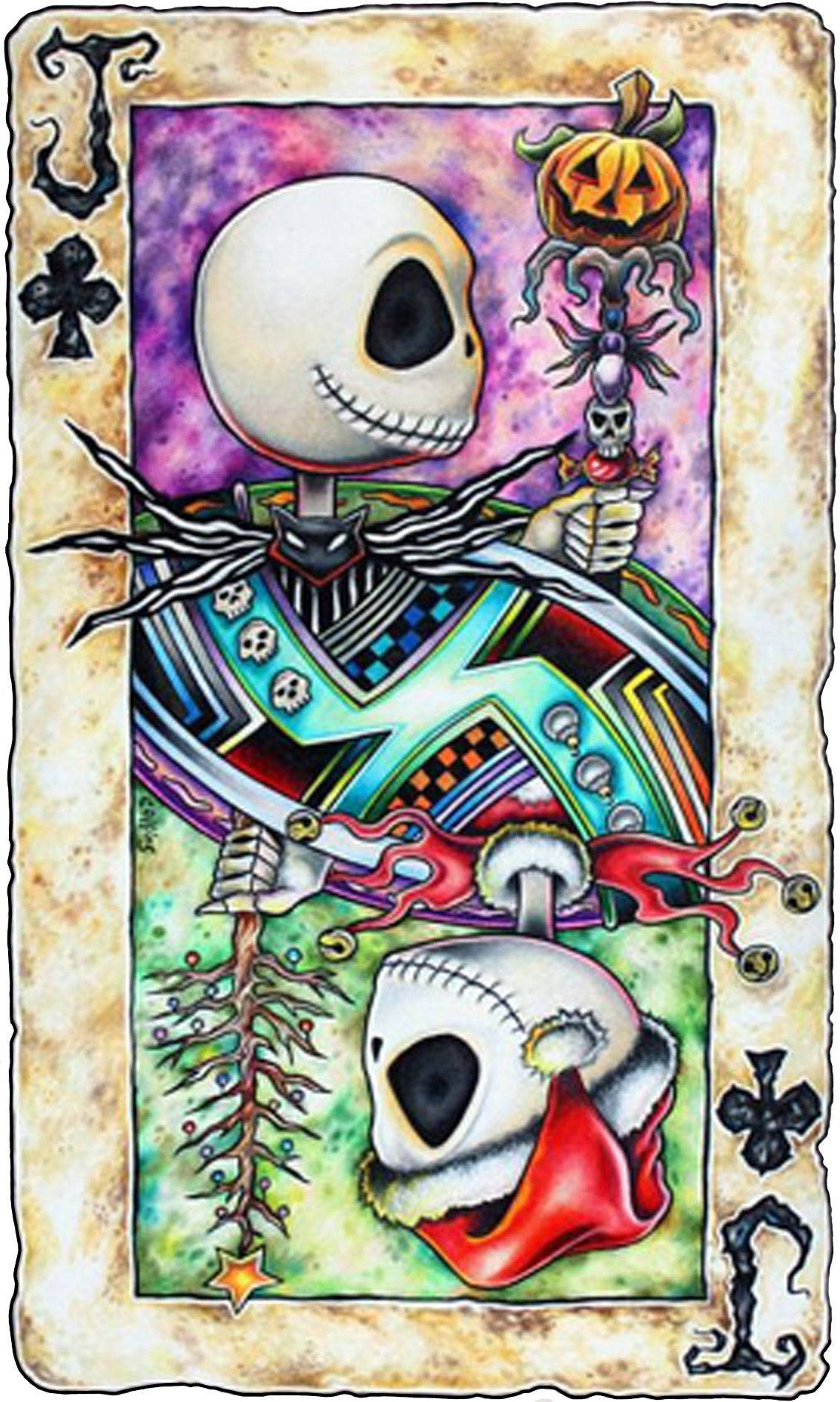 nightmare 桌布 壁紙 — 傑克·史克林頓在一張復古撲克牌上，拿著一個傑克南瓜燈和一根骷髏頭頂的手杖，背景是充滿活力的紫色和綠色。