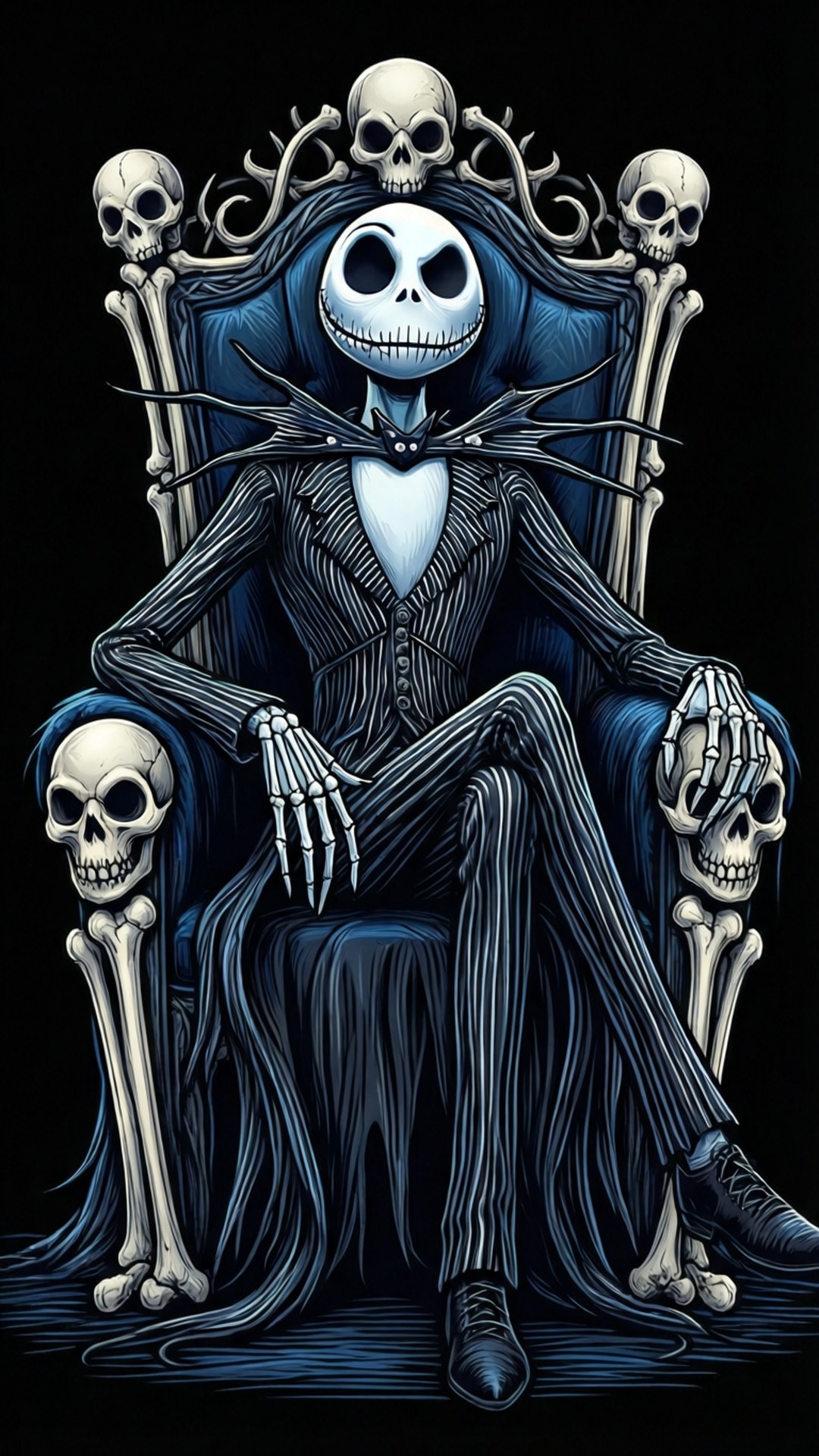 傑克·史克林頓坐骨王座 壁紙 — Jack Skellington 威嚴地坐在一個裝飾著頭骨和骨頭的寶座上，背景是純黑色。