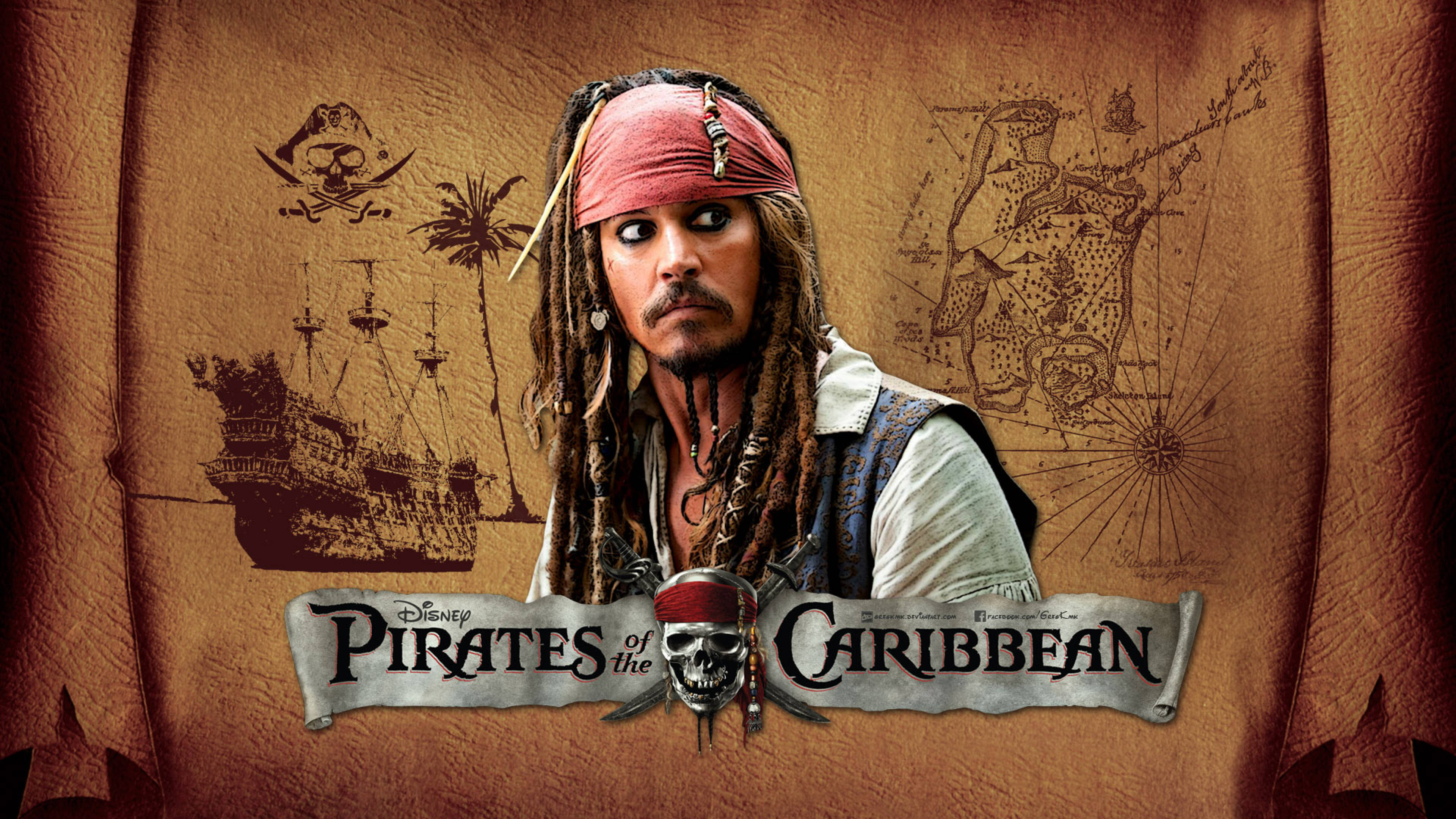 Pirates Of The Caribbean 桌布 壁紙 — 傑克·史派羅船長站在藏寶圖背景前，背景有海盜船和骷髏圖案，採用溫暖的棕褐色調。