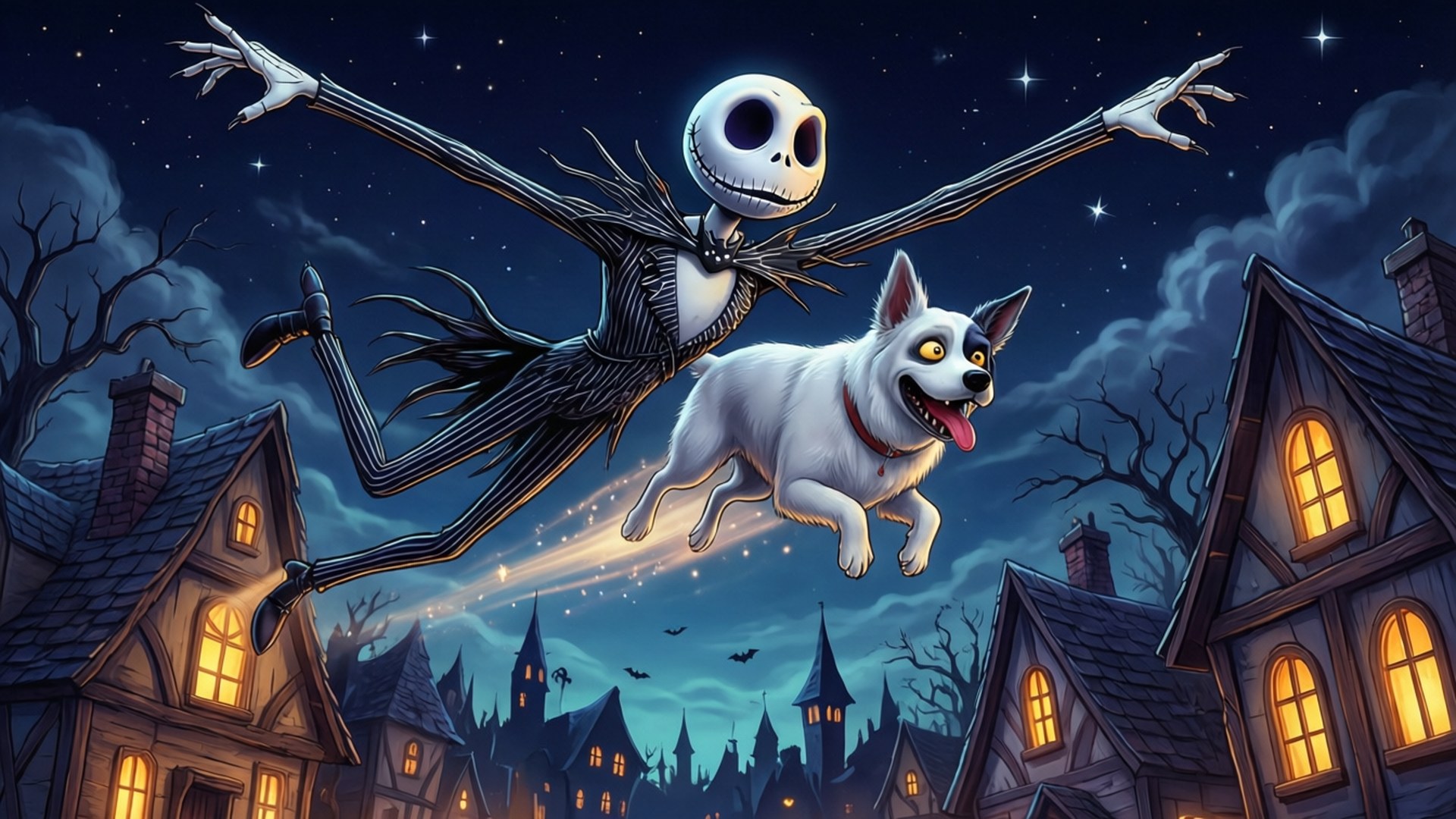 傑克與零飛翔 壁紙 — Jack Skellington 和他的白狗在星光燦爛的夜空中翱翔，下方是窗戶發光的陰森村莊。