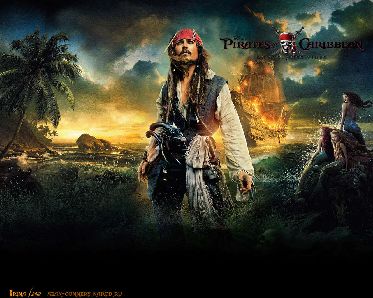Pirates Of The Caribbean 桌布 壁紙 — 傑克船長挑釁地站在風暴肆虐的海岸上，他的船在身後燃燒，美人魚從岩石上觀望。
