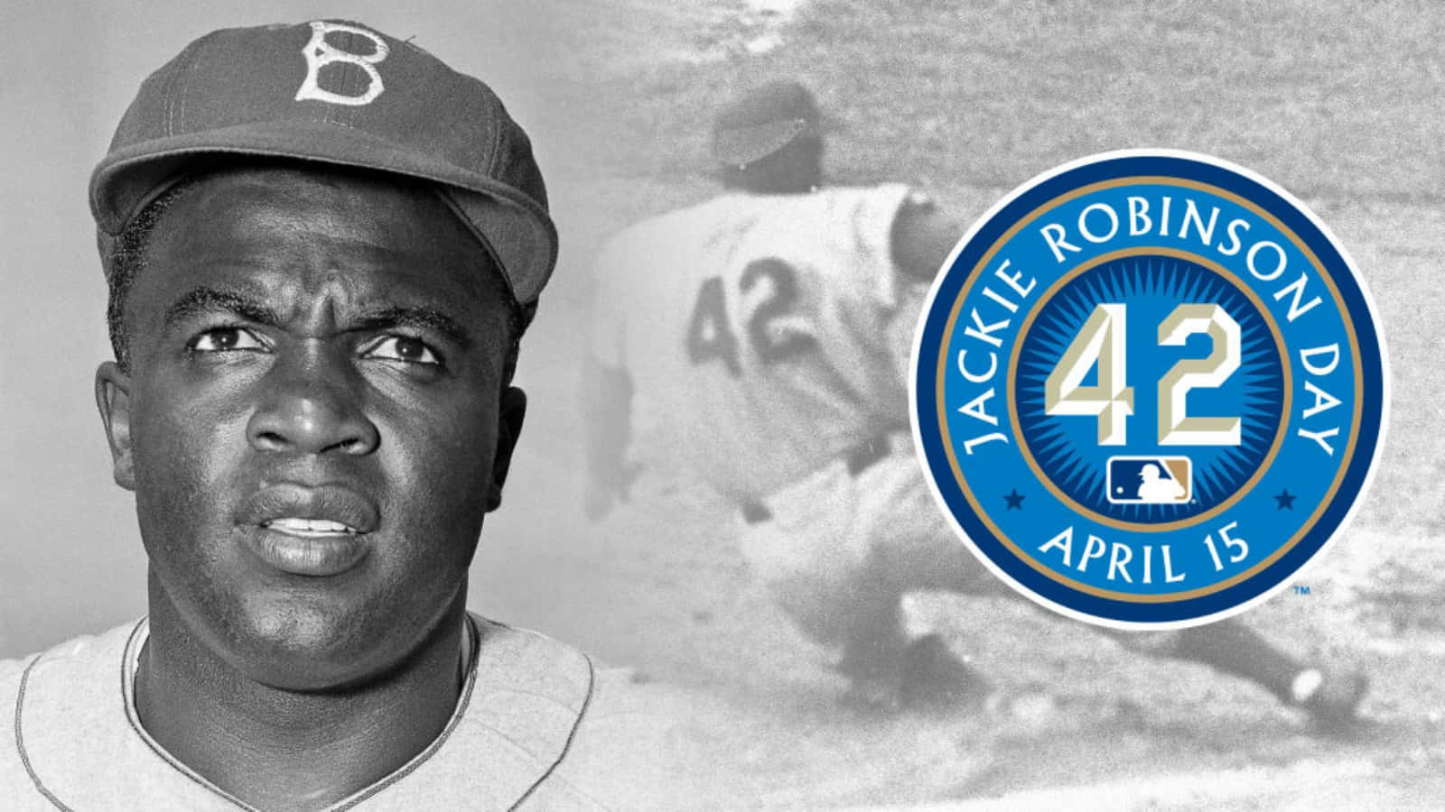 Jackie Robinson 桌布 壁紙 — 傑基·羅賓森的黑白肖像，背後有褪色的棒球動作和藍色的傑基·羅賓森日標誌。