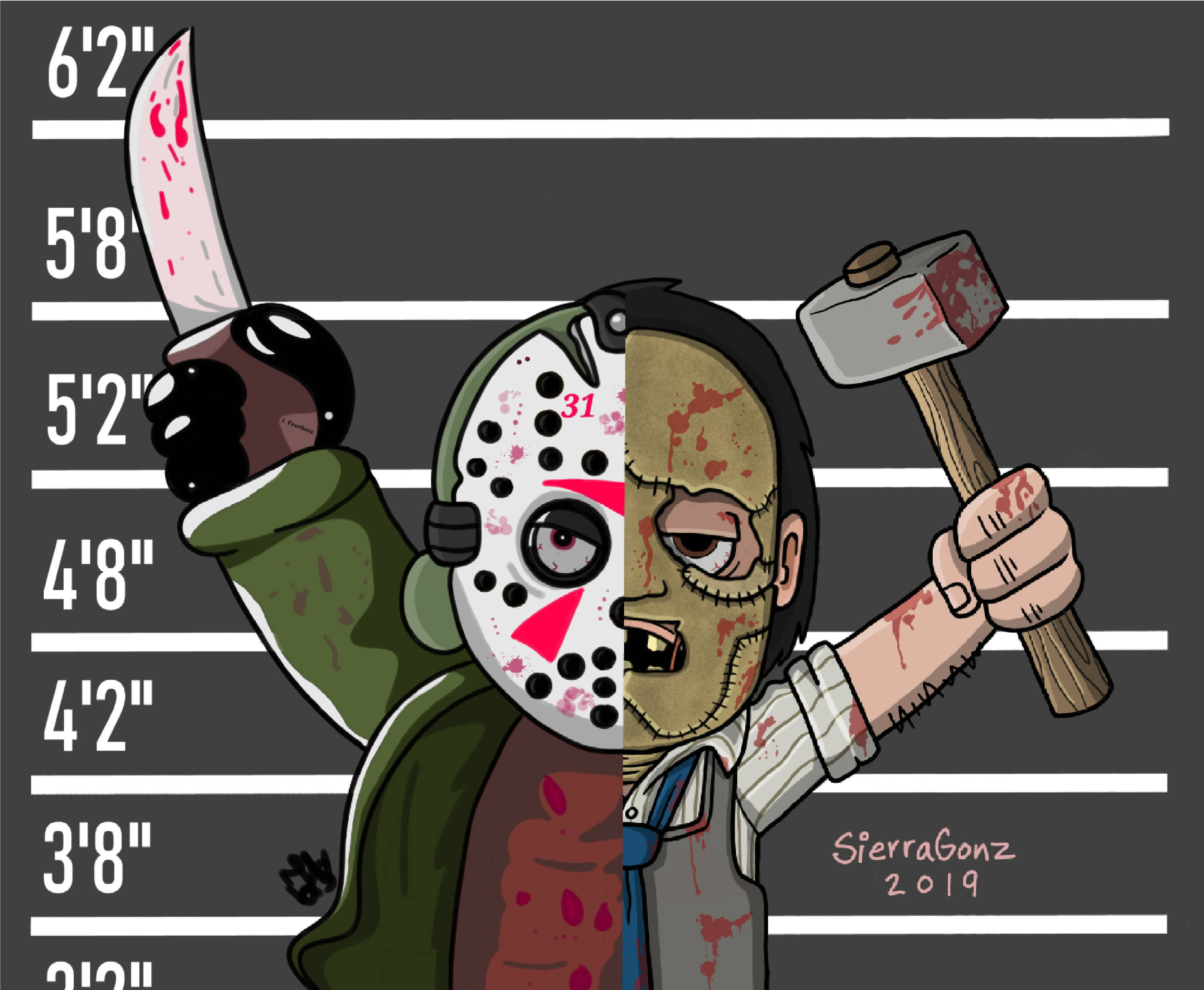 Leatherface 桌布 壁紙 — 傑森·沃赫斯和皮臉拿著武器，在身高圖背景前的分裂臉卡通大頭照。