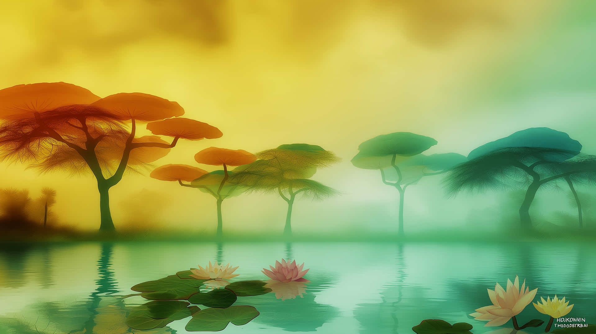 Fantasy Lake Scene with Ethereal Trees and Water Blossoms 壁紙 — 傘形樹冠的剪影樹木倒映在平靜的水面上，水面上點綴著粉紅色和黃色的睡蓮，天空呈現黃綠漸變色。