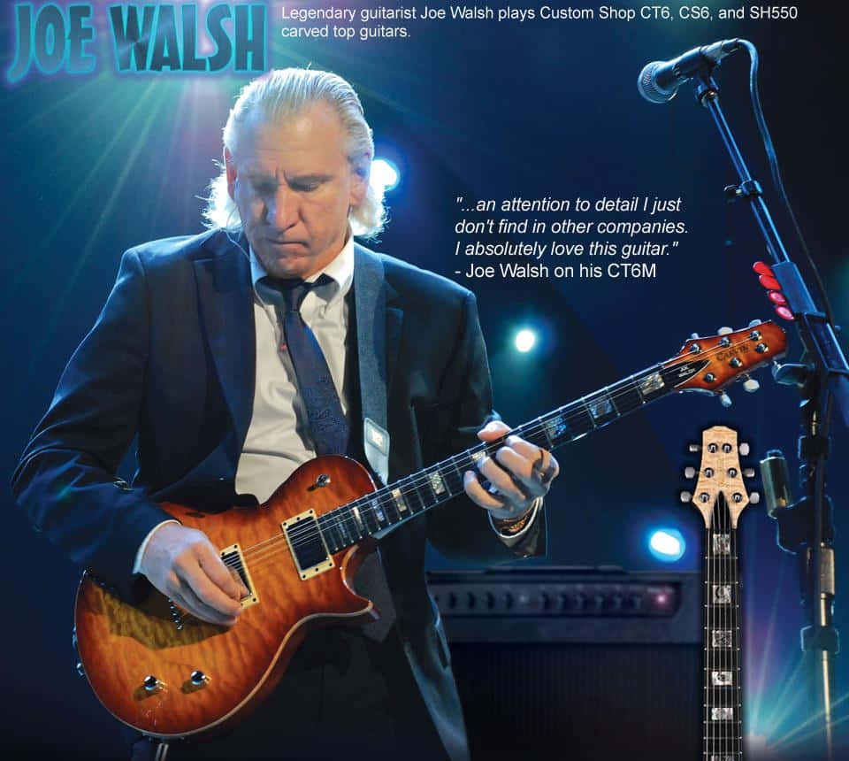 吉他動圖 桌布 壁紙 — 傳奇吉他手Joe Walsh在現場表演中，於充滿活力的舞台燈光下熱情地彈奏一把旭日紋電吉他。