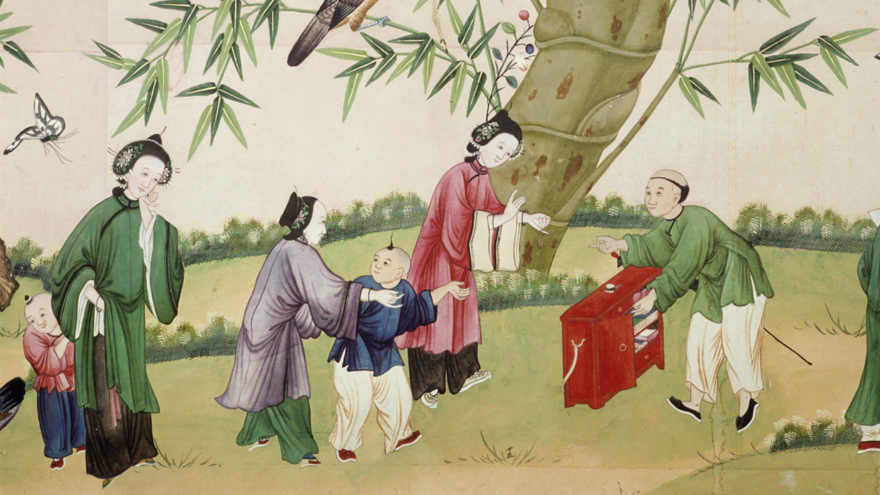 中文 桌布 壁紙 — 傳統中國畫描繪了一個歡樂的戶外場景，大人和小孩在竹樹下玩耍。